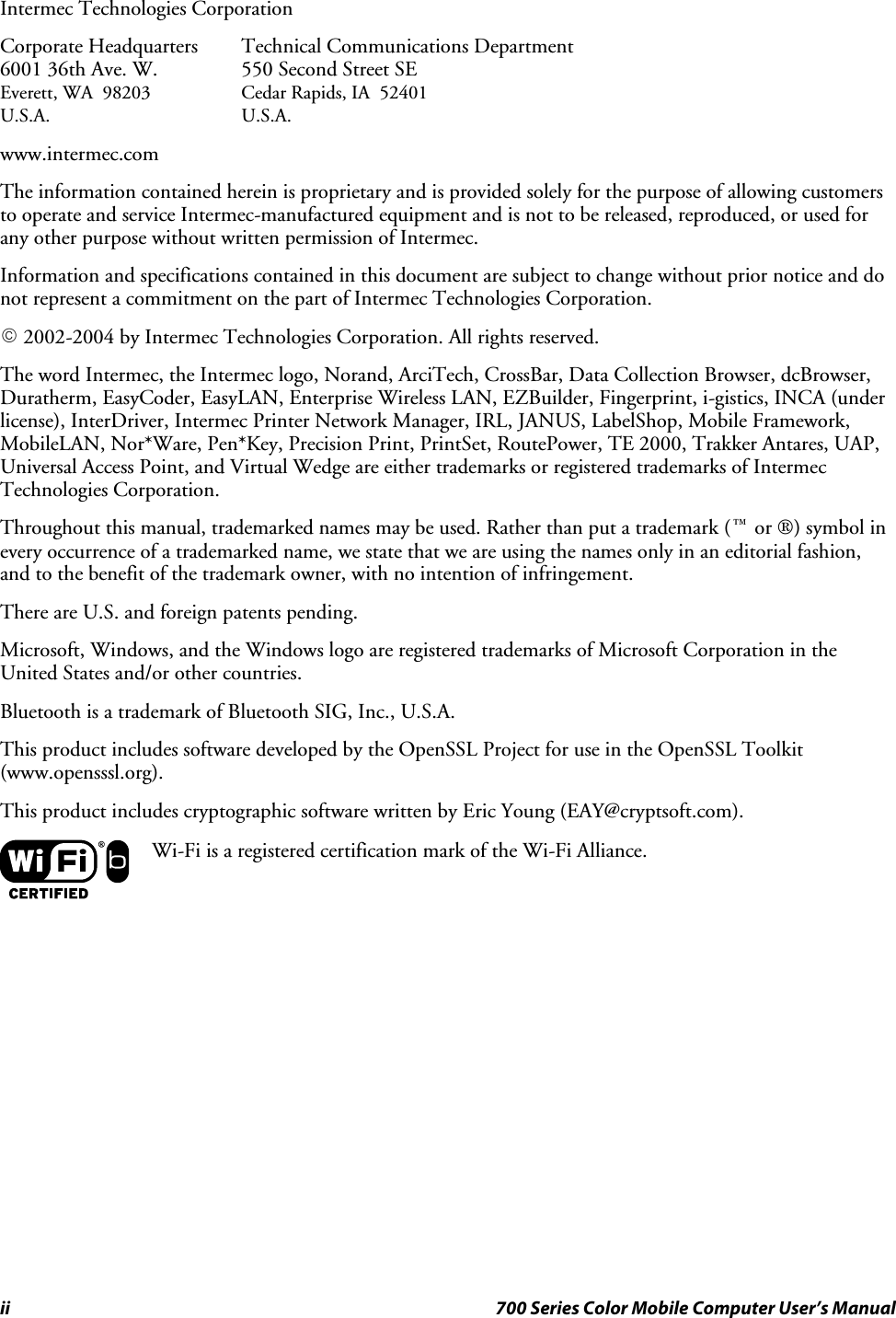 ii 700 Series Color Mobile Computer User’s ManualIntermec Technologies CorporationCorporate Headquarters Technical Communications Department6001 36th Ave. W. 550 Second Street SEEverett, WA 98203 Cedar Rapids, IA 52401U.S.A. U.S.A.www.intermec.comThe information contained herein is proprietary and is provided solely for the purpose of allowing customersto operate and service Intermec-manufactured equipment and is not to be released, reproduced, or used forany other purpose without written permission of Intermec.Information and specifications contained in this document are subject to change without prior notice and donot represent a commitment on the part of Intermec Technologies Corporation.E2002-2004 by Intermec Technologies Corporation. All rights reserved.The word Intermec, the Intermec logo, Norand, ArciTech, CrossBar, Data Collection Browser, dcBrowser,Duratherm, EasyCoder, EasyLAN, Enterprise Wireless LAN, EZBuilder, Fingerprint, i-gistics, INCA (underlicense), InterDriver, Intermec Printer Network Manager, IRL, JANUS, LabelShop, Mobile Framework,MobileLAN, Nor*Ware, Pen*Key, Precision Print, PrintSet, RoutePower, TE 2000, Trakker Antares, UAP,Universal Access Point, and Virtual Wedge are either trademarks or registered trademarks of IntermecTechnologies Corporation.Throughout this manual, trademarked names may be used. Rather than put a trademark (™or ®) symbol inevery occurrence of a trademarked name, we state that we are using the names only in an editorial fashion,and to the benefit of the trademark owner, with no intention of infringement.There are U.S. and foreign patents pending.Microsoft, Windows, and the Windows logo are registered trademarks of Microsoft Corporation in theUnited States and/or other countries.Bluetooth is a trademark of Bluetooth SIG, Inc., U.S.A.This product includes software developed by the OpenSSL Project for use in the OpenSSL Toolkit(www.opensssl.org).This product includes cryptographic software written by Eric Young (EAY@cryptsoft.com).Wi-Fi is a registered certification mark of the Wi-Fi Alliance.