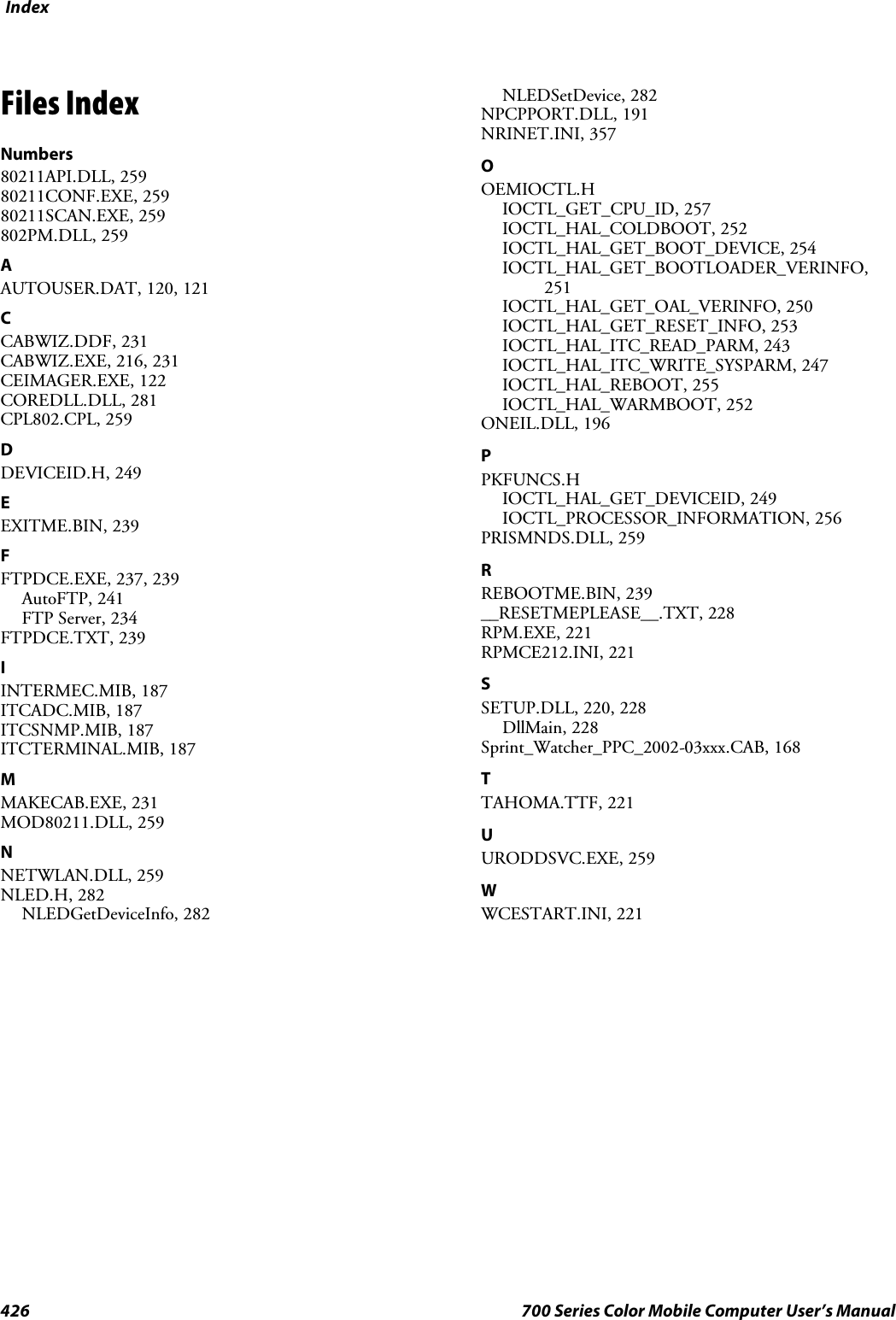 Index426 700 Series Color Mobile Computer User’s ManualFiles IndexNumbers80211API.DLL, 25980211CONF.EXE, 25980211SCAN.EXE, 259802PM.DLL, 259AAUTOUSER.DAT, 120, 121CCABWIZ.DDF, 231CABWIZ.EXE, 216, 231CEIMAGER.EXE, 122COREDLL.DLL, 281CPL802.CPL, 259DDEVICEID.H, 249EEXITME.BIN, 239FFTPDCE.EXE, 237, 239AutoFTP, 241FTP Server, 234FTPDCE.TXT, 239IINTERMEC.MIB, 187ITCADC.MIB, 187ITCSNMP.MIB, 187ITCTERMINAL.MIB, 187MMAKECAB.EXE, 231MOD80211.DLL, 259NNETWLAN.DLL, 259NLED.H, 282NLEDGetDeviceInfo, 282NLEDSetDevice, 282NPCPPORT.DLL, 191NRINET.INI, 357OOEMIOCTL.HIOCTL_GET_CPU_ID, 257IOCTL_HAL_COLDBOOT, 252IOCTL_HAL_GET_BOOT_DEVICE, 254IOCTL_HAL_GET_BOOTLOADER_VERINFO,251IOCTL_HAL_GET_OAL_VERINFO, 250IOCTL_HAL_GET_RESET_INFO, 253IOCTL_HAL_ITC_READ_PARM, 243IOCTL_HAL_ITC_WRITE_SYSPARM, 247IOCTL_HAL_REBOOT, 255IOCTL_HAL_WARMBOOT, 252ONEIL.DLL, 196PPKFUNCS.HIOCTL_HAL_GET_DEVICEID, 249IOCTL_PROCESSOR_INFORMATION, 256PRISMNDS.DLL, 259RREBOOTME.BIN, 239__RESETMEPLEASE__.TXT, 228RPM.EXE, 221RPMCE212.INI, 221SSETUP.DLL, 220, 228DllMain, 228Sprint_Watcher_PPC_2002-03xxx.CAB, 168TTAHOMA.TTF, 221UURODDSVC.EXE, 259WWCESTART.INI, 221