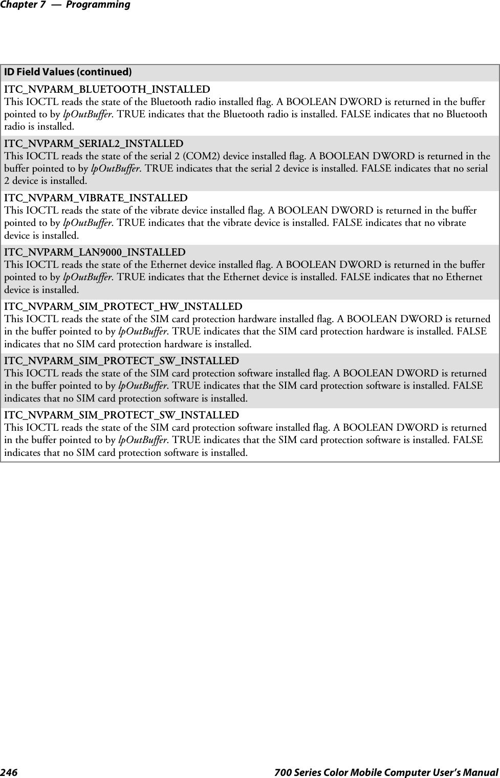 ProgrammingChapter —7246 700 Series Color Mobile Computer User’s ManualID Field Values (continued)ITC_NVPARM_BLUETOOTH_INSTALLEDThis IOCTL reads the state of the Bluetooth radio installed flag. A BOOLEAN DWORD is returned in the bufferpointed to by lpOutBuffer. TRUE indicates that the Bluetooth radio is installed. FALSE indicates that no Bluetoothradio is installed.ITC_NVPARM_SERIAL2_INSTALLEDThis IOCTL reads the state of the serial 2 (COM2) device installed flag. A BOOLEAN DWORD is returned in thebuffer pointed to by lpOutBuffer. TRUE indicates that the serial 2 device is installed. FALSE indicates that no serial2 device is installed.ITC_NVPARM_VIBRATE_INSTALLEDThis IOCTL reads the state of the vibrate device installed flag. A BOOLEAN DWORD is returned in the bufferpointed to by lpOutBuffer. TRUE indicates that the vibrate device is installed. FALSE indicates that no vibratedevice is installed.ITC_NVPARM_LAN9000_INSTALLEDThis IOCTL reads the state of the Ethernet device installed flag. A BOOLEAN DWORD is returned in the bufferpointed to by lpOutBuffer. TRUE indicates that the Ethernet device is installed. FALSE indicates that no Ethernetdevice is installed.ITC_NVPARM_SIM_PROTECT_HW_INSTALLEDThis IOCTL reads the state of the SIM card protection hardware installed flag. A BOOLEAN DWORD is returnedin the buffer pointed to by lpOutBuffer. TRUE indicates that the SIM card protection hardware is installed. FALSEindicates that no SIM card protection hardware is installed.ITC_NVPARM_SIM_PROTECT_SW_INSTALLEDThis IOCTL reads the state of the SIM card protection software installed flag. A BOOLEAN DWORD is returnedin the buffer pointed to by lpOutBuffer. TRUE indicates that the SIM card protection software is installed. FALSEindicates that no SIM card protection software is installed.ITC_NVPARM_SIM_PROTECT_SW_INSTALLEDThis IOCTL reads the state of the SIM card protection software installed flag. A BOOLEAN DWORD is returnedin the buffer pointed to by lpOutBuffer. TRUE indicates that the SIM card protection software is installed. FALSEindicates that no SIM card protection software is installed.