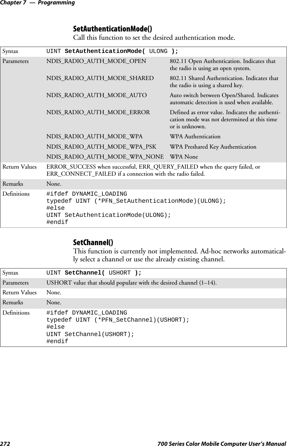 ProgrammingChapter —7272 700 Series Color Mobile Computer User’s ManualSetAuthenticationMode()Call this function to set the desired authentication mode.Syntax UINT SetAuthenticationMode( ULONG );Parameters NDIS_RADIO_AUTH_MODE_OPEN 802.11 Open Authentication. Indicates thatthe radio is using an open system.NDIS_RADIO_AUTH_MODE_SHARED 802.11 Shared Authentication. Indicates thatthe radio is using a shared key.NDIS_RADIO_AUTH_MODE_AUTO Auto switch between Open/Shared. Indicatesautomatic detection is used when available.NDIS_RADIO_AUTH_MODE_ERROR Defined as error value. Indicates the authenti-cation mode was not determined at this timeor is unknown.NDIS_RADIO_AUTH_MODE_WPA WPA AuthenticationNDIS_RADIO_AUTH_MODE_WPA_PSK WPA Preshared Key AuthenticationNDIS_RADIO_AUTH_MODE_WPA_NONE WPA NoneReturn Values ERROR_SUCCESS when successful, ERR_QUERY_FAILED when the query failed, orERR_CONNECT_FAILED if a connection with the radio failed.Remarks None.Definitions #ifdef DYNAMIC_LOADINGtypedef UINT (*PFN_SetAuthenticationMode)(ULONG);#elseUINT SetAuthenticationMode(ULONG);#endifSetChannel()This function is currently not implemented. Ad-hoc networks automatical-ly select a channel or use the already existing channel.Syntax UINT SetChannel( USHORT );Parameters USHORT value that should populate with the desired channel (1–14).Return Values None.Remarks None.Definitions #ifdef DYNAMIC_LOADINGtypedef UINT (*PFN_SetChannel)(USHORT);#elseUINT SetChannel(USHORT);#endif