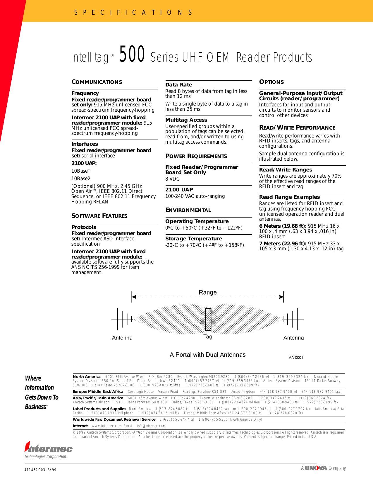 S P E C I F I C A T I O N SNorth America • 6001 36th Avenue West • P.O. Box 4280 • Everett, Washington 98203-9280 • 1 (800) 347-2636 tel • 1 (319) 369-3324 fax  • Norand Mobile Systems Division • 550 2nd Street S.E. • Cedar Rapids, Iowa 52401 • 1 (800) 452-2757 tel • 1 (319) 369-3453 fax • Amtech Systems Division • 19111 Dallas Parkway, Suite 300 • Dallas, Texas 75287-3106 • 1 (800) 923-4824 toll-free • 1 (972) 733-6600 tel • 1 (972) 733-6699 faxEurope/Middle East/Africa • Sovereign House • Vastern Road • Reading, Berkshire,RG1 8BT • United Kingdom • +44 118 987 9400 tel • +44 118 987 9401 faxAsia/Pacific/Latin America • 6001 36th Avenue West • P.O. Box 4280 • Everett, Washington 98203-9280 • 1 (800) 347-2636 tel • 1 (319) 369-3324 fax • AmtechSystems Division • 19111 Dallas Parkway, Suite 300 • Dallas, Texas 75287-3106 • 1 (800) 923-4824 toll-free • 1 (214) 360-9436 tel • 1 (972) 733-6699 faxLabel Products and Supplies - North America • 1 (513) 874-5882 tel • 1 (513) 874-8487 fax • or 1 (800) 227-9947 tel • 1 (800) 227-1707 fax • Latin America/Asia Pacific • 1 (513) 870-7930 Int’l phone • 1 (513) 874-3613 Int’l fax • Europe/Middle East/Africa +31 24 372 3100 tel • +31 24 378 0070 faxWorldwide Fax Document Retrieval Service • 1 (650) 556-8447 tel • 1 (800) 755-5505 (North America Only)Internet • www.intermec.com  E-mail • info@intermec.com© 1999 Amtech Systems Corporation. (Amtech Systems Corporation is a wholly owned subsidiary of Intermec Technologies Corporation.) All rights reserved. Amtech is a registered trademark of Amtech Systems Corporation. All other trademarks listed are the property of their respective owners. Contents subject to change. Printed in the U.S.A. Where Information Gets Down To Business™COMMUNICATIONSFrequencyFixed reader/programmer board set only: 915 MHz unlicensed FCC spread-spectrum frequency-hopping Intermec 2100 UAP with fixed reader/programmer module: 915 MHz unlicensed FCC spread-spectrum frequency-hoppingInterfacesFixed reader/programmer board set: serial interface2100 UAP:10BaseT10Base2(Optional)900MHz, 2.45 GHz OpenAir™, IEEE 802.11 Direct Sequence, or IEEE 802.11 Frequency Hopping RFLANSOFTWARE FEATURESProtocolsFixed reader/programmer board set: Intermec ASD interface specificationIntermec 2100 UAP with fixed reader/programmer module: available software fully supports the ANS NCITS 256-1999 for item managementData RateRead 8 bytes of data from tag in less than 12 msWrite a single byte of data to a tag in less than 25 msMultitag AccessUser-specified groups within a population of tags can be selected, read from, and/or written to using multitag access commands.POWER REQUIREMENTSFixed Reader/Programmer Board Set Only8 VDC2100 UAP100-240 VAC auto-rangingENVIRONMENTAL Operating Temperature0ºC to +50ºC (+32ºF to +122ºF)Storage Temperature-20ºC to +70ºC (+4ºF to +158ºF)OPTIONSGeneral-Purpose Input/Output Circuits (reader/programmer)Interfaces for input and output circuits to monitor sensors and control other devicesREAD/WRITE PERFORMANCERead/write performance varies with RFID inserts, tags, and antenna configurations.Sample dual antenna configuration is illustrated below.Read/Write RangesWrite ranges are approximately 70% of the effective read ranges of the RFID insert and tag.Read Range ExamplesRanges are listed for RFID insert and tag using frequency-hopping FCC unlicensed operation reader and dual antennas.6 Meters (19.68 ft): 915 MHz 16 x 100 x .4 mm (.63 x 3.94 x .016 in) RFID insert7 Meters (22.96 ft): 915 MHz 33 x 105 x 3 mm (1.30 x 4.13 x .12 in) tagIntellitag 500 Series UHF OEM Reader Products®411462-003  8/99