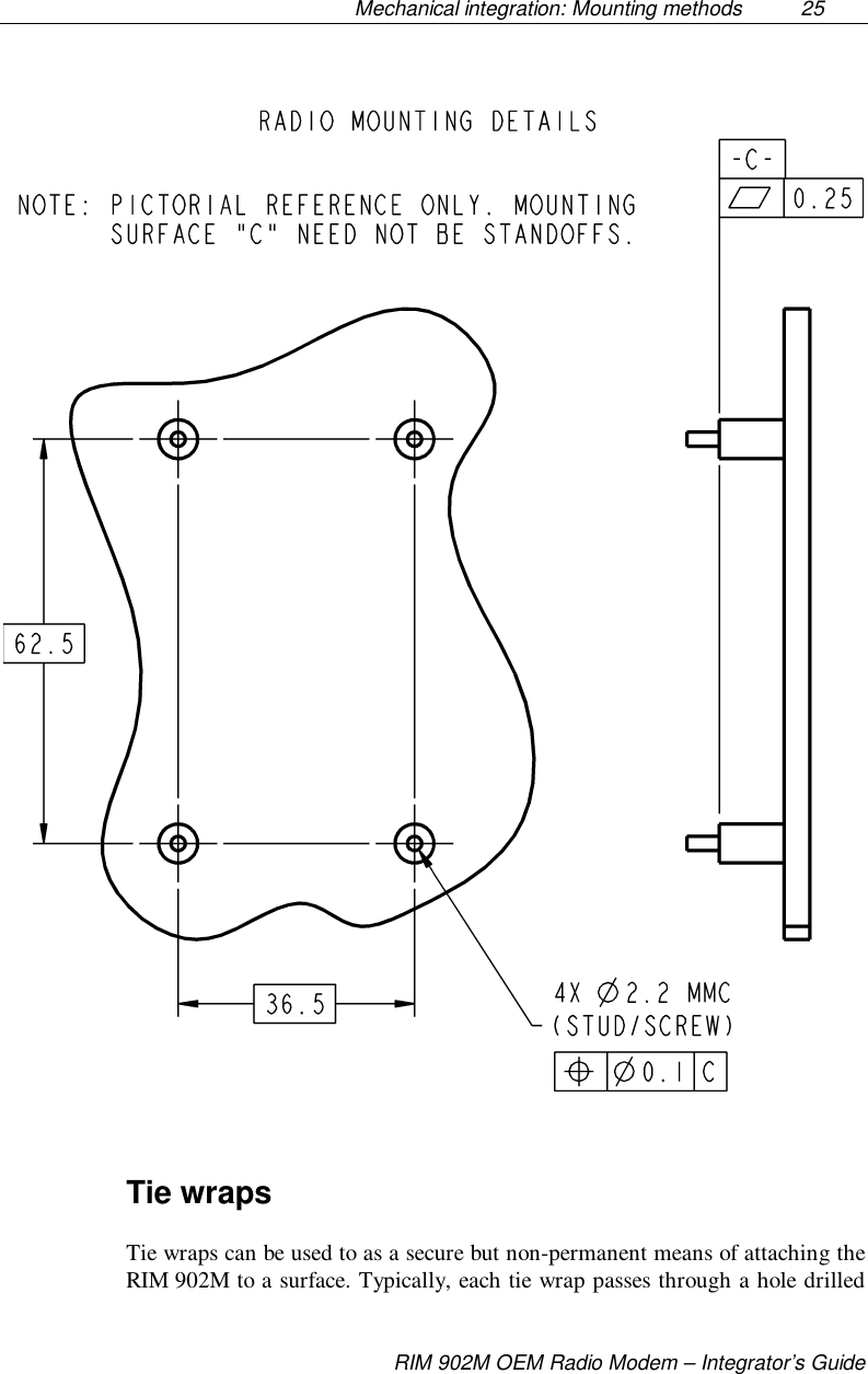 Mechanical integration: Mounting methods  25RIM 902M OEM Radio Modem – Integrator’s GuideTie wrapsTie wraps can be used to as a secure but non-permanent means of attaching theRIM 902M to a surface. Typically, each tie wrap passes through a hole drilled