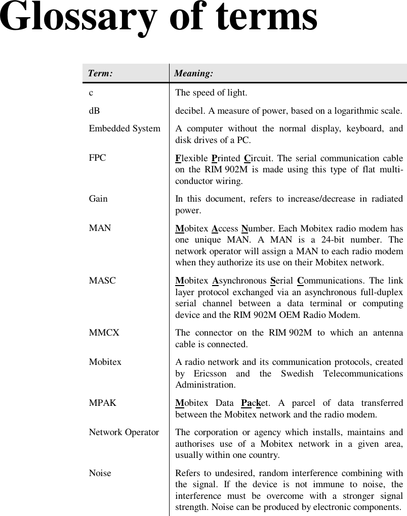 Glossary of termsTerm: Meaning:c The speed of light.dB decibel. A measure of power, based on a logarithmic scale.Embedded System A computer without the normal display, keyboard, anddisk drives of a PC.FPC Flexible Printed Circuit. The serial communication cableon the RIM 902M is made using this type of flat multi-conductor wiring.Gain In this document, refers to increase/decrease in radiatedpower.MAN Mobitex Access Number. Each Mobitex radio modem hasone unique MAN. A MAN is a 24-bit number. Thenetwork operator will assign a MAN to each radio modemwhen they authorize its use on their Mobitex network.MASC Mobitex Asynchronous  Serial Communications. The linklayer protocol exchanged via an asynchronous full-duplexserial channel between a data terminal or computingdevice and the RIM 902M OEM Radio Modem.MMCX The connector on the RIM 902M to which an antennacable is connected.Mobitex A radio network and its communication protocols, createdby Ericsson and the Swedish TelecommunicationsAdministration.MPAK Mobitex Data Packet. A parcel of data transferredbetween the Mobitex network and the radio modem.Network Operator The corporation or agency which installs, maintains andauthorises use of a Mobitex network in a given area,usually within one country.Noise Refers to undesired, random interference combining withthe signal. If the device is not immune to noise, theinterference must be overcome with a stronger signalstrength. Noise can be produced by electronic components.