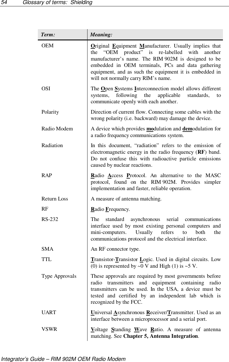 54 Glossary of terms:  ShieldingIntegrator’s Guide – RIM 902M OEM Radio ModemTerm: Meaning:OEM Original  Equipment  Manufacturer. Usually implies thatthe “OEM product” is re-labelled with anothermanufacturer’s name. The RIM 902M is designed to beembedded in OEM terminals, PCs and data gatheringequipment, and as such the equipment it is embedded inwill not normally carry RIM’s name.OSI The Open Systems Interconnection model allows differentsystems, following the applicable standards, tocommunicate openly with each another.Polarity Direction of current flow. Connecting some cables with thewrong polarity (i.e. backward) may damage the device.Radio Modem A device which provides modulation and demodulation fora radio frequency communications system.Radiation In this document, “radiation” refers to the emission ofelectromagnetic energy in the radio frequency (RF) band.Do not confuse this with radioactive particle emissionscaused by nuclear reactions.RAP Radio  Access  Protocol. An alternative to the MASCprotocol, found on the RIM 902M. Provides simplerimplementation and faster, reliable operation.Return Loss A measure of antenna matching.RF Radio Frequency.RS-232 The standard asynchronous serial communicationsinterface used by most existing personal computers andmini-computers. Usually refers to both thecommunications protocol and the electrical interface.SMA An RF connector type.TTL Transistor-Transistor Logic. Used in digital circuits. Low(0) is represented by ~0 V and High (1) is ~5 V.Type Approvals These approvals are required by most governments beforeradio transmitters and equipment containing radiotransmitters can be used. In the USA, a device must betested and certified by an independent lab which isrecognized by the FCC.UART Universal Asynchronous Receiver/Transmitter. Used as aninterface between a microprocessor and a serial port.VSWR Voltage  Standing  Wave  Ratio. A measure of antennamatching. See Chapter 5, Antenna Integration.