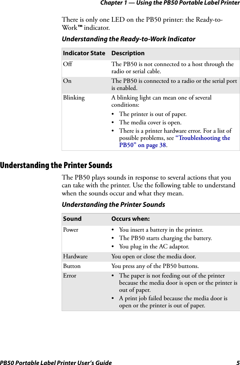 Chapter 1 — Using the PB50 Portable Label PrinterPB50 Portable Label Printer User’s Guide 5There is only one LED on the PB50 printer: the Ready-to-Work™ indicator. Understanding the Printer SoundsThe PB50 plays sounds in response to several actions that you can take with the printer. Use the following table to understand when the sounds occur and what they mean.Understanding the Ready-to-Work IndicatorIndicator State DescriptionOff The PB50 is not connected to a host through the radio or serial cable.On The PB50 is connected to a radio or the serial port is enabled.Blinking A blinking light can mean one of several conditions:• The printer is out of paper.• The media cover is open.• There is a printer hardware error. For a list of possible problems, see “Troubleshooting the PB50” on page 38.Understanding the Printer SoundsSound Occurs when:Power • You insert a battery in the printer.• The PB50 starts charging the battery.• You plug in the AC adaptor.Hardware You open or close the media door.Button You press any of the PB50 buttons.Error • The paper is not feeding out of the printer because the media door is open or the printer is out of paper.• A print job failed because the media door is open or the printer is out of paper.