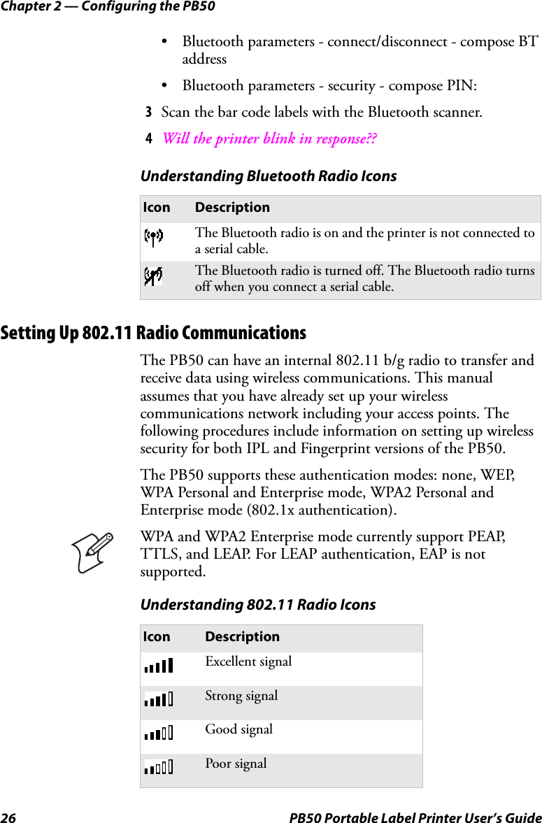 Chapter 2 — Configuring the PB5026 PB50 Portable Label Printer User’s Guide• Bluetooth parameters - connect/disconnect - compose BT address• Bluetooth parameters - security - compose PIN:3Scan the bar code labels with the Bluetooth scanner.4Will the printer blink in response??Setting Up 802.11 Radio CommunicationsThe PB50 can have an internal 802.11 b/g radio to transfer and receive data using wireless communications. This manual assumes that you have already set up your wireless communications network including your access points. The following procedures include information on setting up wireless security for both IPL and Fingerprint versions of the PB50.The PB50 supports these authentication modes: none, WEP, WPA Personal and Enterprise mode, WPA2 Personal and Enterprise mode (802.1x authentication).Understanding Bluetooth Radio IconsIcon DescriptionThe Bluetooth radio is on and the printer is not connected to a serial cable.The Bluetooth radio is turned off. The Bluetooth radio turns off when you connect a serial cable.WPA and WPA2 Enterprise mode currently support PEAP, TTLS, and LEAP. For LEAP authentication, EAP is not supported.Understanding 802.11 Radio IconsIcon DescriptionExcellent signalStrong signalGood signalPoor signal