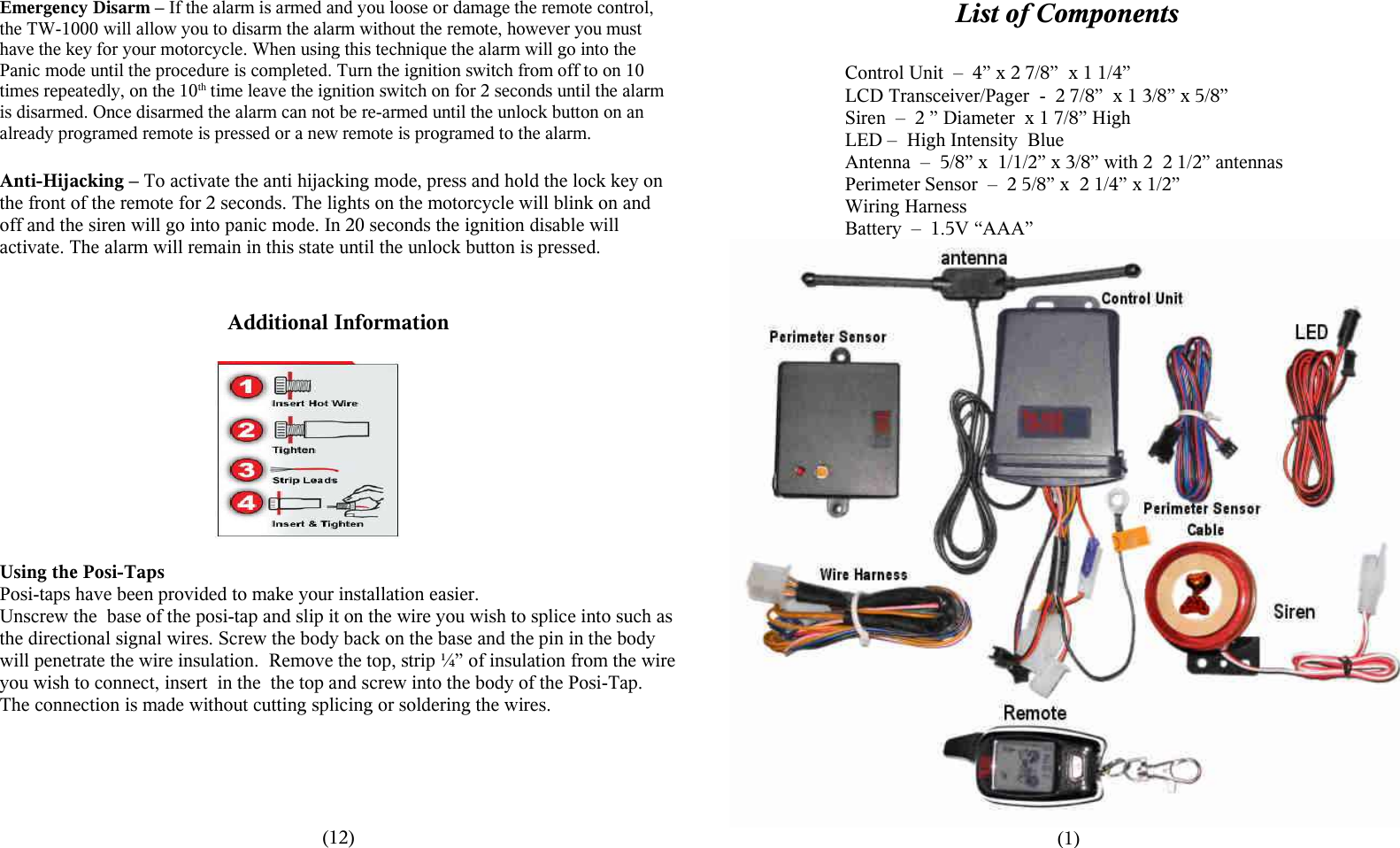 Internatrix Tw 1000 Two Way Motorcycle Alarm System User Manual