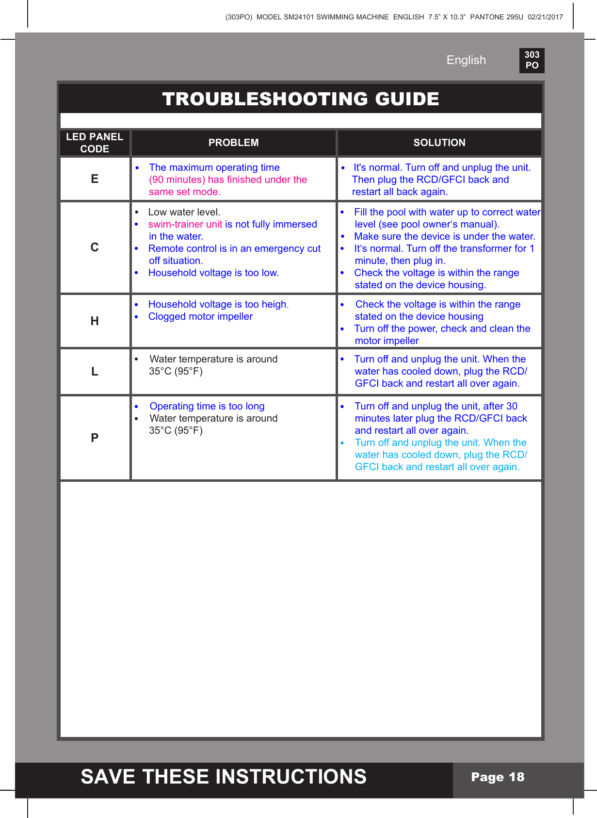 (303PO)  MODEL SM24101 SWIMMING MACHINE  ENGLISH  7.5&rdquo; X 10.3&rdquo;  PANTONE 295U  02/21/2017303PO    SAVE THESE INSTRUCTIONSEnglishPage 18TROUBLESHOOTING GUIDELED PANEL CODE PROBLEM SOLUTIONE ●The maximum operating time       (90minutes)hasnishedunderthe      same set mode.  ●   It's normal. Turn off and unplug the unit.   ThenplugtheRCD/GFCIbackandrestartallbackagain.C ● Lowwaterlevel. ● swim-trainer unit is not fully immersed       in the water.●  Remote control is in an emergency cut       off situation.●  Household voltage is too low.●  Fill the pool with water up to correct water      level (see pool owner&lsquo;s manual).  ● Makesurethedeviceisunderthewater.●  It&lsquo;s normal. Turn off the transformer for 1      minute, then plug in.● Checkthevoltageiswithintherange      stated on the device housing.H●  Household voltage is too heigh. ●  Clogged motor impeller●Checkthevoltageiswithintherange      stated on the device housing● Turnoffthepower,checkandcleanthe      motor impellerL●    Water temperature is around       35&deg;C (95&deg;F) ●    Turn off and unplug the unit. When thewaterhascooleddown,plugtheRCD/GFCIbackandrestartalloveragain.P●    Operating time is too long●    Water temperature is around       35&deg;C (95&deg;F)●    Turn off and unplug the unit, after 30 minuteslaterplugtheRCD/GFCIback      and restart all over again. ●    Turn off and unplug the unit. When the waterhascooleddown,plugtheRCD/GFCIbackandrestartalloveragain.