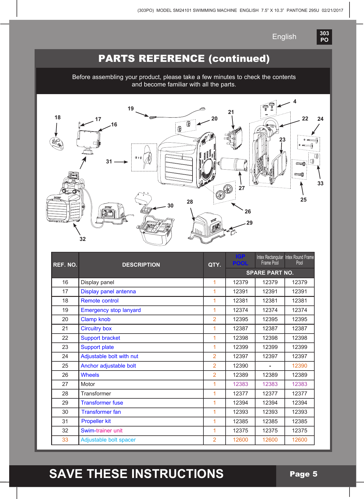 (303PO)  MODEL SM24101 SWIMMING MACHINE  ENGLISH  7.5&rdquo; X 10.3&rdquo;  PANTONE 295U  02/21/2017303PO    SAVE THESE INSTRUCTIONSEnglishPage 5PARTS REFERENCE (continued)Beforeassemblingyourproduct,pleasetakeafewminutestocheckthecontentsand become familiar with all the parts.REF. NO. DESCRIPTION QTY.IGP POOLIntex Rectangular Frame Pool Intex Round Frame PoolSPARE PART NO.16  Display panel 112379 12379 1237917  Display panel antenna 112391 12391 1239118  Remote control 112381 12381 1238119  Emergency stop lanyard 112374 12374 1237420  Clampknob 212395 12395 1239521  Circuitry box 112387 12387 1238722  Supportbracket 112398 12398 1239823  Support plate 112399 12399 1239924  Adjustable bolt with nut 212397 12397 1239725  Anchor adjustable bolt  212390 -1239026  Wheels 212389 12389 1238927  Motor 112383 12383 1238328  Transformer 112377 12377 1237729  Transformer fuse 112394 12394 1239430  Transformer fan 112393 12393 1239331  Propellerkit 112385 12385 1238532  Swim-trainer unit 112375 12375 1237533  Adjustable bolt spacer 2 12600 12600 126001618192031212223242533262928302741732