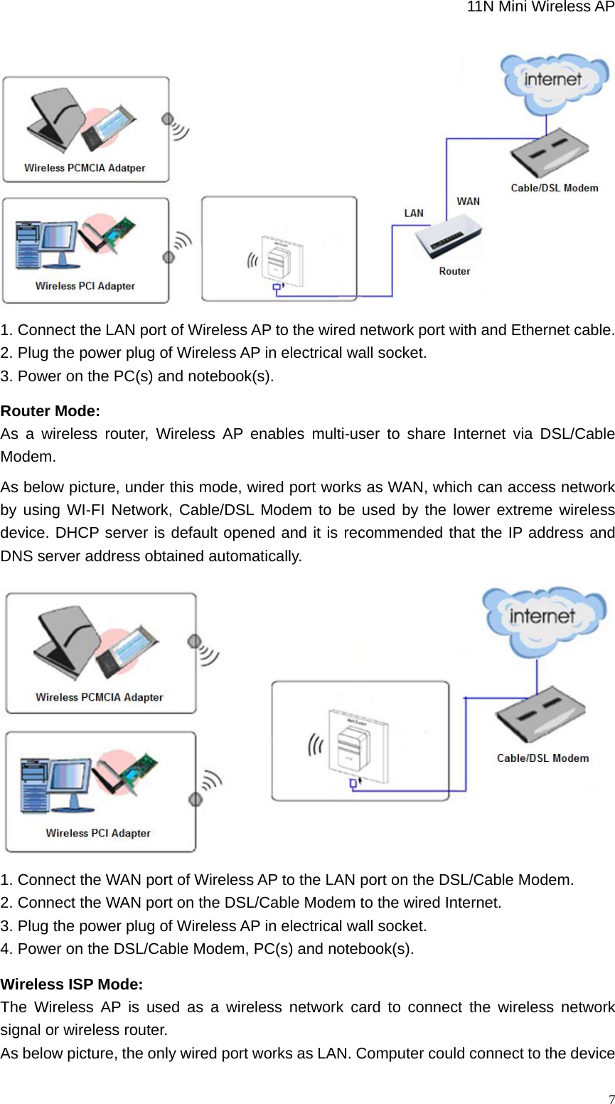                                                             11N Mini Wireless AP   7 1. Connect the LAN port of Wireless AP to the wired network port with and Ethernet cable. 2. Plug the power plug of Wireless AP in electrical wall socket. 3. Power on the PC(s) and notebook(s). Router Mode: As a wireless router, Wireless AP enables multi-user to share Internet via DSL/Cable Modem. As below picture, under this mode, wired port works as WAN, which can access network by using WI-FI Network, Cable/DSL Modem to be used by the lower extreme wireless device. DHCP server is default opened and it is recommended that the IP address and DNS server address obtained automatically.  1. Connect the WAN port of Wireless AP to the LAN port on the DSL/Cable Modem. 2. Connect the WAN port on the DSL/Cable Modem to the wired Internet. 3. Plug the power plug of Wireless AP in electrical wall socket. 4. Power on the DSL/Cable Modem, PC(s) and notebook(s). Wireless ISP Mode: The Wireless AP is used as a wireless network card to connect the wireless network signal or wireless router. As below picture, the only wired port works as LAN. Computer could connect to the device 