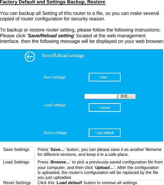 Factory Default and Settings Backup, Restore  You can backup all Setting of this router to a file, so you can make several copied of router configuration for security reason.  To backup or restore router setting, please follow the following instructions: Please click ‘Save/Reload setting’ located at the web management interface, then the following message will be displayed on your web browser:    Save Settings  Press ‘Save…’ button, you can please save it as another filename for different versions, and keep it in a safe place.  Load Settings  Press ‘Browse…’ to pick a previously-saved configuration file from your computer, and then click ‘Upload…’. After the configuration is uploaded, the router’s configuration will be replaced by the file you just uploaded.  Reset Settings  Click this ‘Load default‘ button to remove all settings  