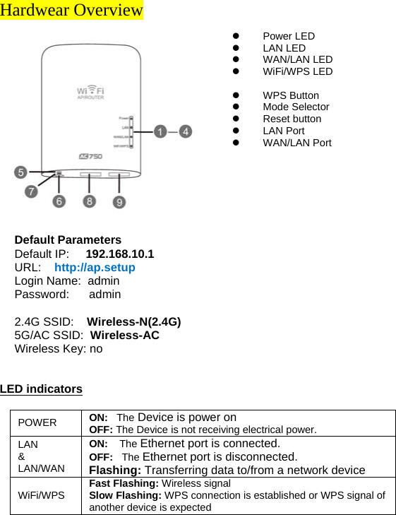 Default Parameters Default IP:     192.168.10.1 URL:    http://ap.setup Login Name:  admin Password:      admin  2.4G SSID:    Wireless-N(2.4G) 5G/AC SSID:  Wireless-AC Wireless Key: no Hardwear Overview              LED indicators  POWER  ON:   The Device is power on OFF: The Device is not receiving electrical power. LAN  &amp; LAN/WAN ON:    The Ethernet port is connected. OFF:   The Ethernet port is disconnected. Flashing: Transferring data to/from a network device  WiFi/WPS  Fast Flashing: Wireless signal Slow Flashing: WPS connection is established or WPS signal of another device is expected  Power LED  LAN LED  WAN/LAN LED  WiFi/WPS LED   WPS Button  Mode Selector  Reset button  LAN Port   WAN/LAN Port  