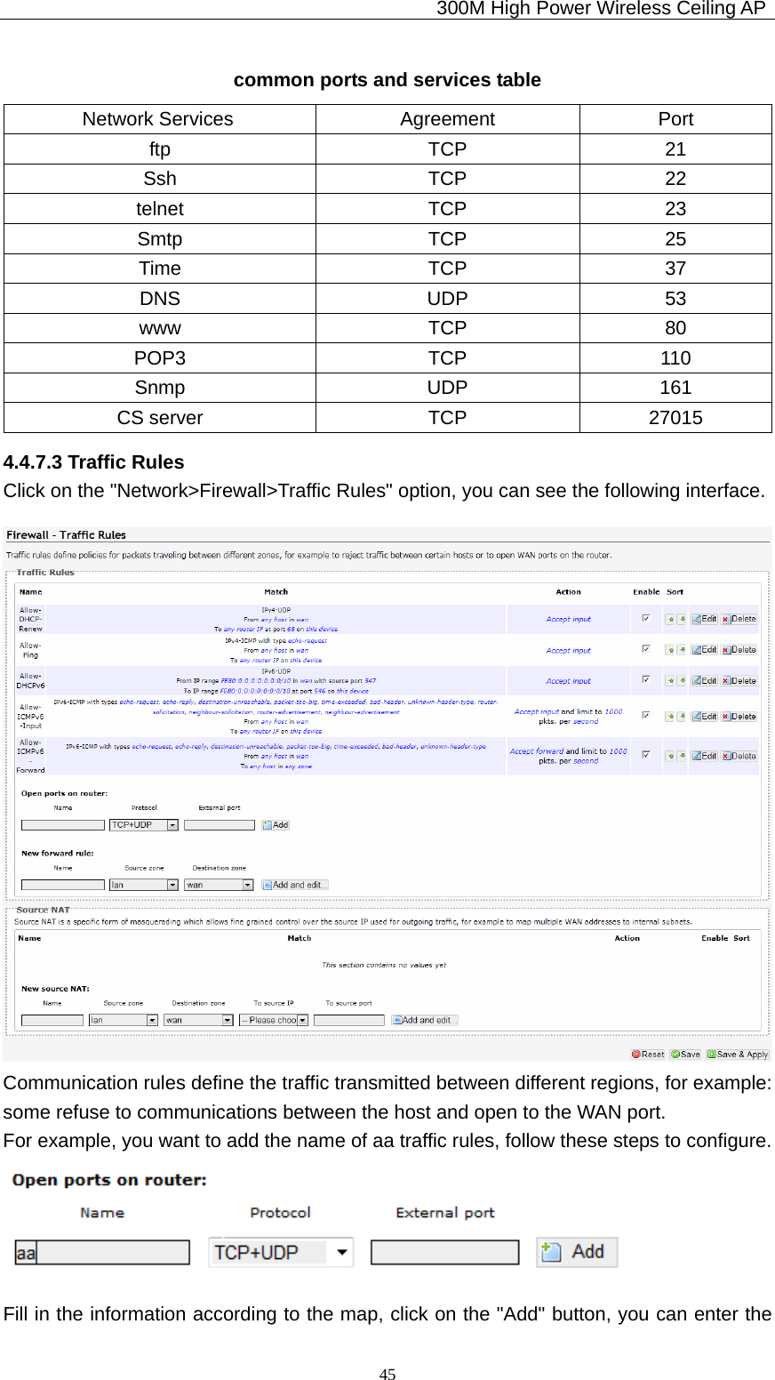                                             300M High Power Wireless Ceiling AP              45common ports and services table Network Services   Agreement  Port ftp TCP 21 Ssh TCP 22 telnet TCP 23 Smtp TCP 25 Time TCP 37 DNS UDP 53 www TCP 80 POP3 TCP 110 Snmp UDP 161 CS server  TCP  27015 4.4.7.3 Traffic Rules Click on the &quot;Network&gt;Firewall&gt;Traffic Rules&quot; option, you can see the following interface.  Communication rules define the traffic transmitted between different regions, for example: some refuse to communications between the host and open to the WAN port. For example, you want to add the name of aa traffic rules, follow these steps to configure.  Fill in the information according to the map, click on the &quot;Add&quot; button, you can enter the 