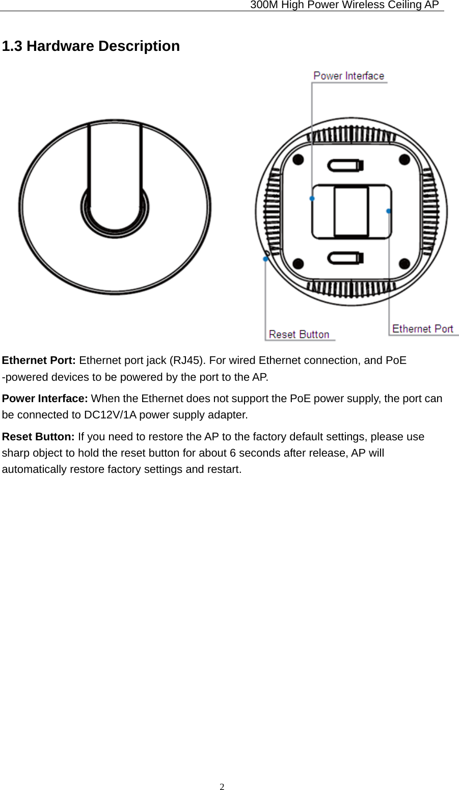                                             300M High Power Wireless Ceiling AP              21.3 Hardware Description          Ethernet Port: Ethernet port jack (RJ45). For wired Ethernet connection, and PoE -powered devices to be powered by the port to the AP. Power Interface: When the Ethernet does not support the PoE power supply, the port can be connected to DC12V/1A power supply adapter. Reset Button: If you need to restore the AP to the factory default settings, please use sharp object to hold the reset button for about 6 seconds after release, AP will automatically restore factory settings and restart.      