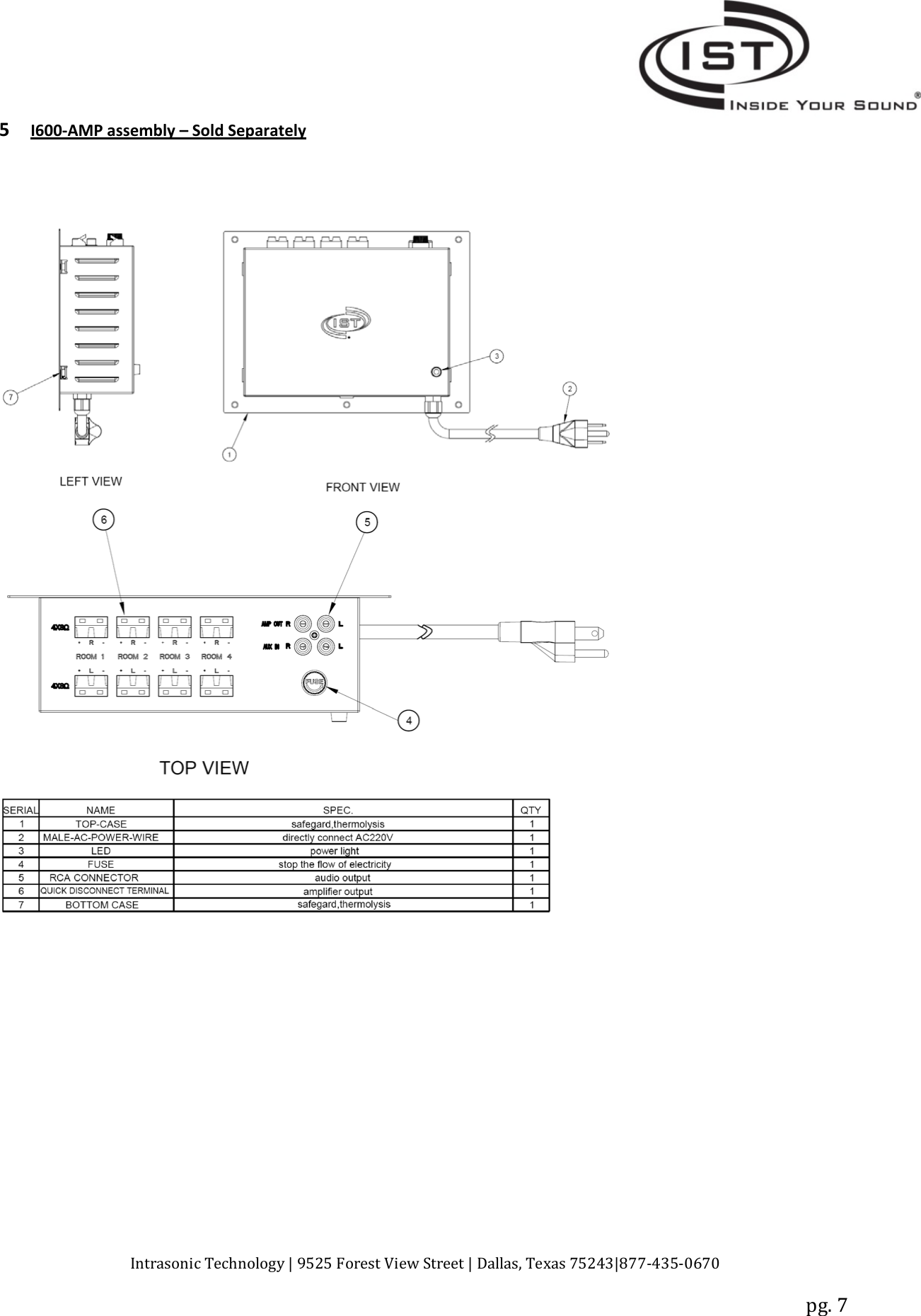 Intrasonic Technology | 9525 Forest View Street | Dallas, Texas 75243|877‐435‐0670pg. 75I600‐AMP assembly–Sold Separately