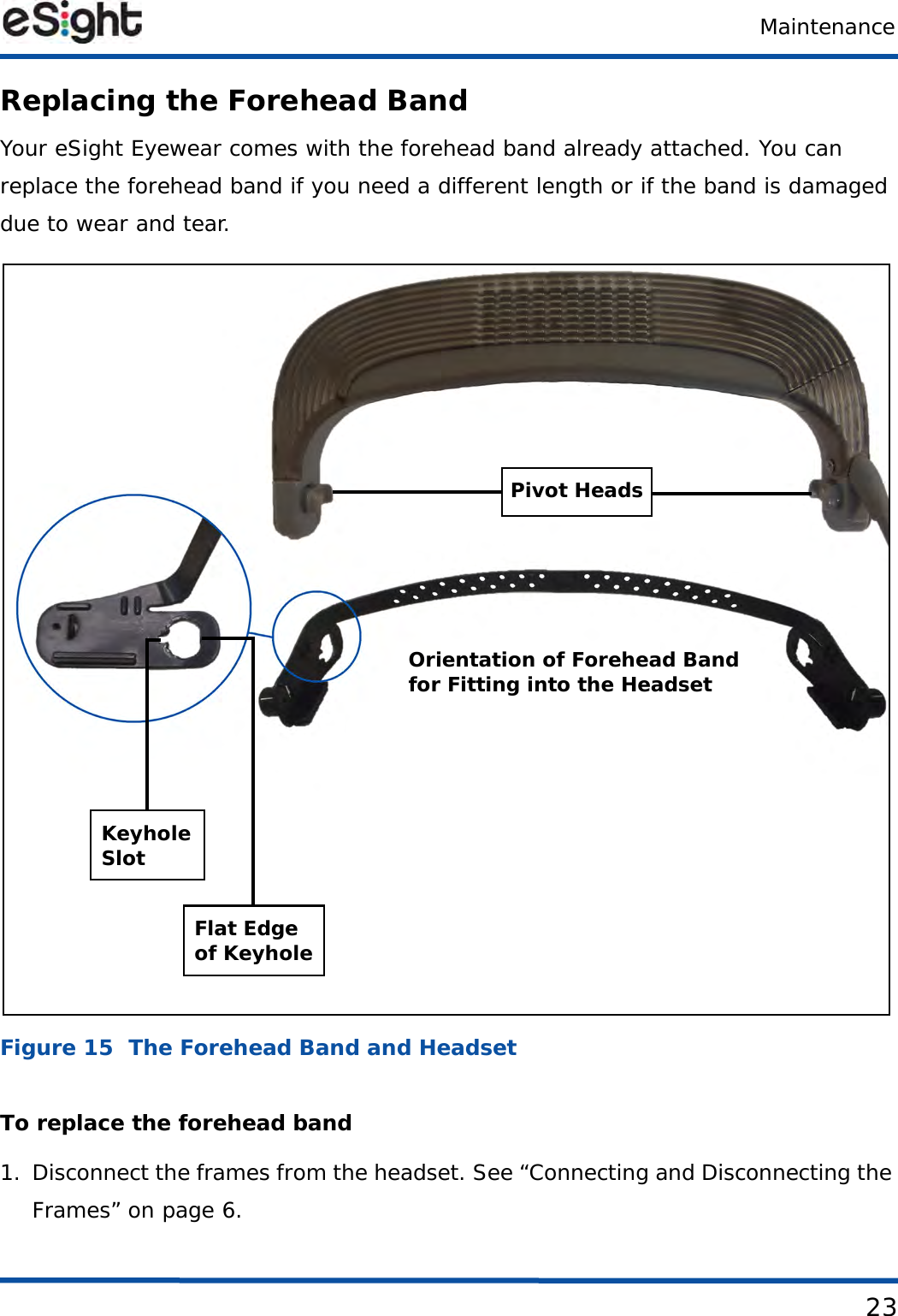 Maintenance23Replacing the Forehead BandYour eSight Eyewear comes with the forehead band already attached. You can replace the forehead band if you need a different length or if the band is damaged due to wear and tear.Figure 15  The Forehead Band and HeadsetTo replace the forehead band1. Disconnect the frames from the headset. See “Connecting and Disconnecting the Frames” on page 6.Flat Edgeof KeyholeOrientation of Forehead Band   for Fitting into the HeadsetKeyholeSlotPivot Heads