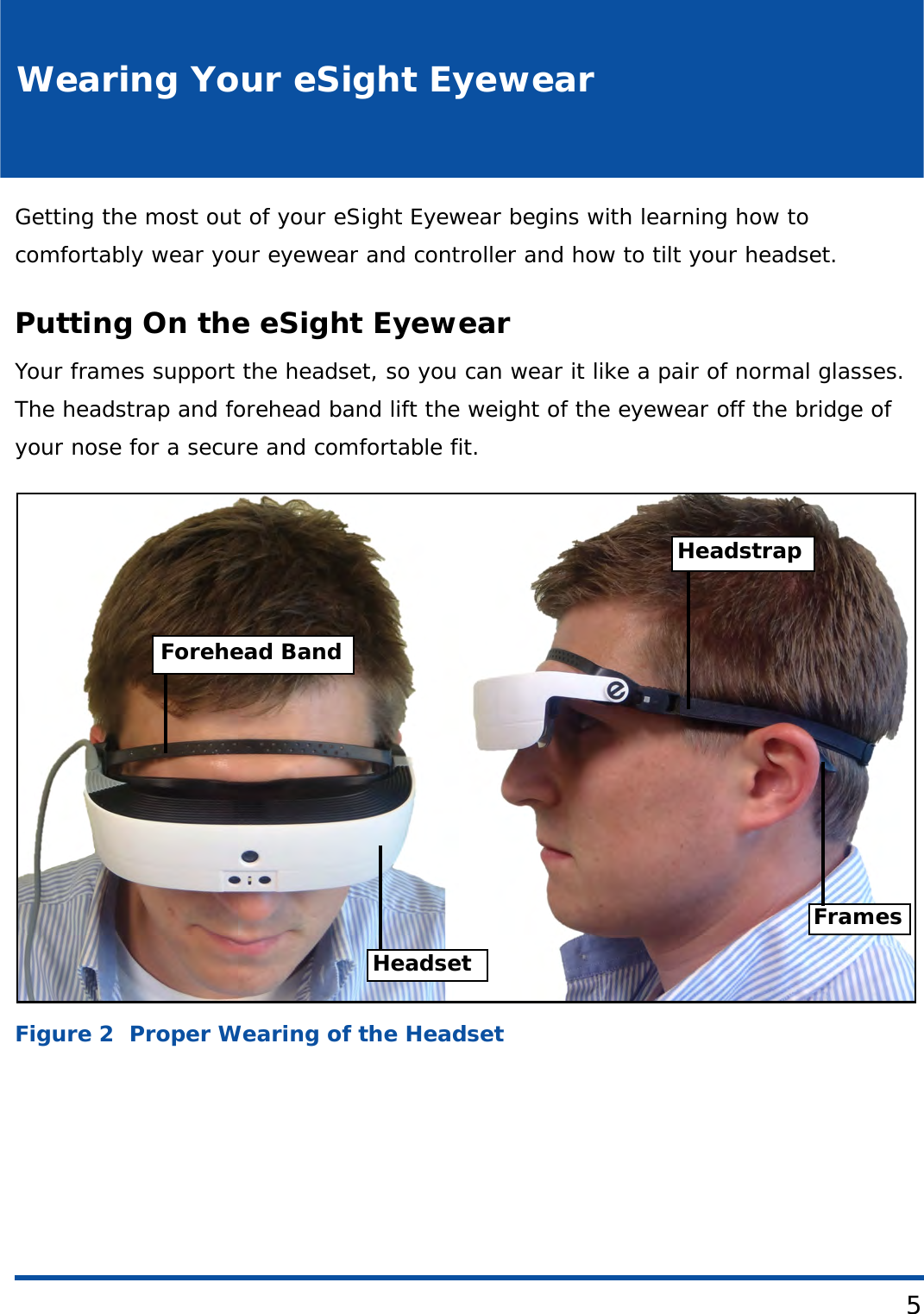 5Wearing Your eSight EyewearGetting the most out of your eSight Eyewear begins with learning how to comfortably wear your eyewear and controller and how to tilt your headset.Putting On the eSight EyewearYour frames support the headset, so you can wear it like a pair of normal glasses. The headstrap and forehead band lift the weight of the eyewear off the bridge of your nose for a secure and comfortable fit. Figure 2  Proper Wearing of the HeadsetHeadstrapHeadsetForehead BandFrames