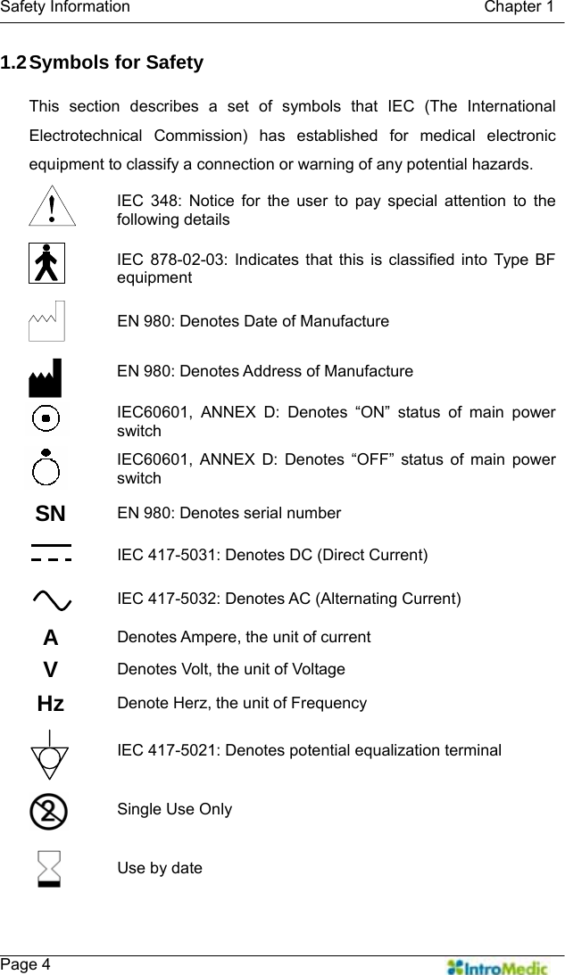   Safety Information                                            Chapter 1    Page 4 1.2 Symbols for Safety  This section describes a set of symbols that IEC (The International Electrotechnical Commission) has established for medical electronic equipment to classify a connection or warning of any potential hazards.   IEC 348: Notice for the user to pay special attention to the following details  IEC 878-02-03: Indicates that this is classified into Type BF equipment   EN 980: Denotes Date of Manufacture  EN 980: Denotes Address of Manufacture  IEC60601, ANNEX D: Denotes “ON” status of main power switch  IEC60601, ANNEX D: Denotes “OFF” status of main power switch SN  EN 980: Denotes serial number  IEC 417-5031: Denotes DC (Direct Current)  IEC 417-5032: Denotes AC (Alternating Current) A  Denotes Ampere, the unit of current V  Denotes Volt, the unit of Voltage Hz  Denote Herz, the unit of Frequency  IEC 417-5021: Denotes potential equalization terminal  Single Use Only  Use by date 