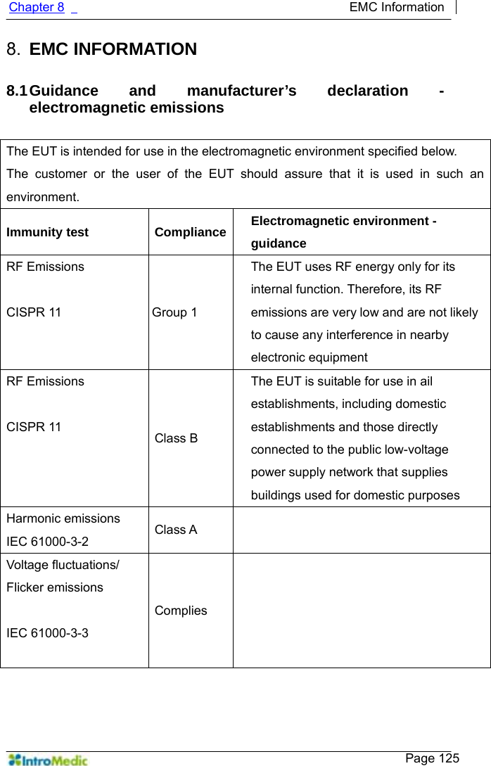   Chapter 8                                             EMC Information     Page 125 8.  EMC INFORMATION  8.1 Guidance and manufacturer’s declaration - electromagnetic emissions  The EUT is intended for use in the electromagnetic environment specified below. The customer or the user of the EUT should assure that it is used in such an environment. Immunity test  Compliance  Electromagnetic environment -guidance RF Emissions  CISPR 11  Group 1 The EUT uses RF energy only for its internal function. Therefore, its RF emissions are very low and are not likely to cause any interference in nearby electronic equipment RF Emissions  CISPR 11  Class B The EUT is suitable for use in ail establishments, including domestic establishments and those directly connected to the public low-voltage power supply network that supplies buildings used for domestic purposes Harmonic emissions IEC 61000-3-2  Class A   Voltage fluctuations/ Flicker emissions  IEC 61000-3-3  Complies     