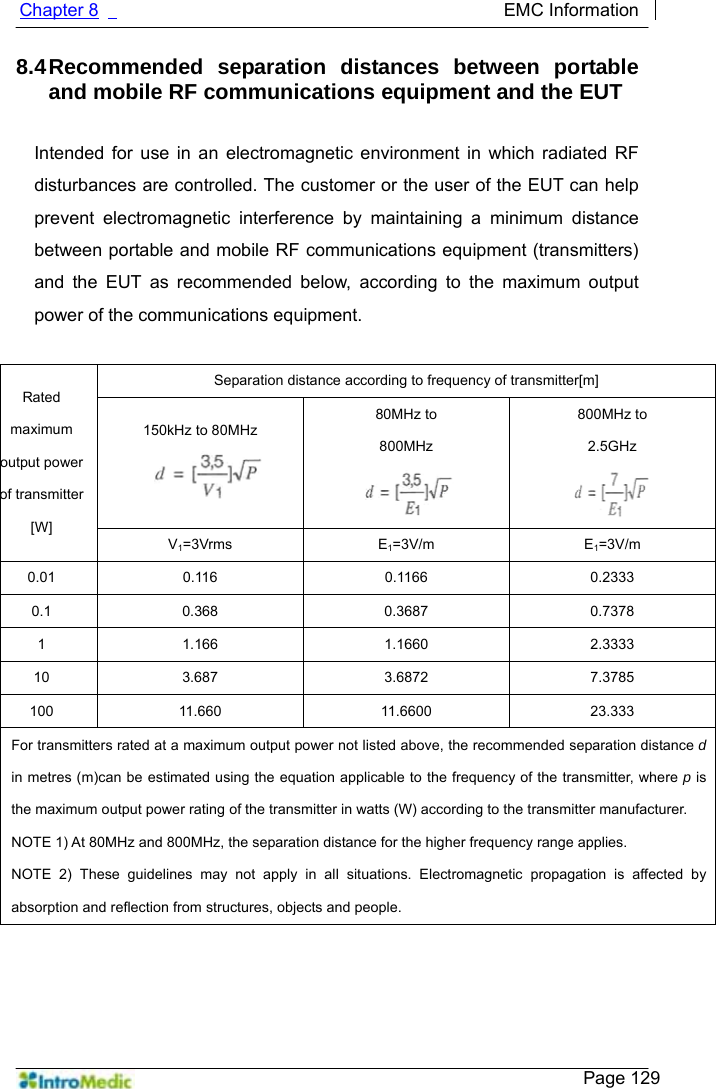   Chapter 8                                             EMC Information     Page 129 8.4 Recommended separation distances between portable and mobile RF communications equipment and the EUT  Intended for use in an electromagnetic environment in which radiated RF disturbances are controlled. The customer or the user of the EUT can help prevent electromagnetic interference by maintaining a minimum distance between portable and mobile RF communications equipment (transmitters) and the EUT as recommended below, according to the maximum output power of the communications equipment.  Separation distance according to frequency of transmitter[m] 150kHz to 80MHz  80MHz to 800MHz  800MHz to 2.5GHz  Rated maximum output power of transmitter [W] V1=3Vrms E1=3V/m E1=3V/m 0.01 0.116  0.1166  0.2333 0.1 0.368  0.3687  0.7378 1 1.166  1.1660  2.3333 10 3.687  3.6872  7.3785 100 11.660  11.6600  23.333 For transmitters rated at a maximum output power not listed above, the recommended separation distance d in metres (m)can be estimated using the equation applicable to the frequency of the transmitter, where p is the maximum output power rating of the transmitter in watts (W) according to the transmitter manufacturer. NOTE 1) At 80MHz and 800MHz, the separation distance for the higher frequency range applies. NOTE 2) These guidelines may not apply in all situations. Electromagnetic propagation is affected by absorption and reflection from structures, objects and people.   