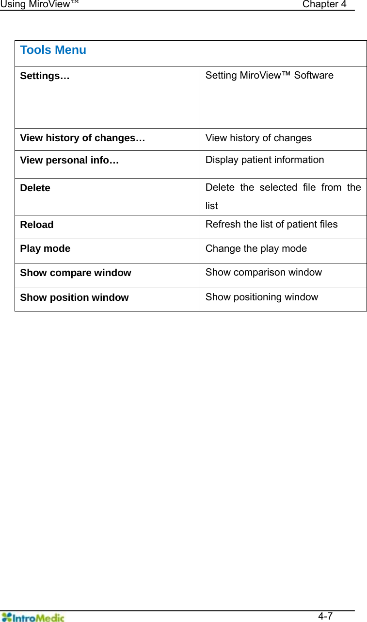   Using MiroView™                                            Chapter 4  4-7  Tools Menu Settings…  Setting MiroView™ Software View history of changes…  View history of changes   View personal info…  Display patient information   Delete  Delete the selected file from the list   Reload  Refresh the list of patient files   Play mode  Change the play mode Show compare window  Show comparison window   Show position window  Show positioning window    