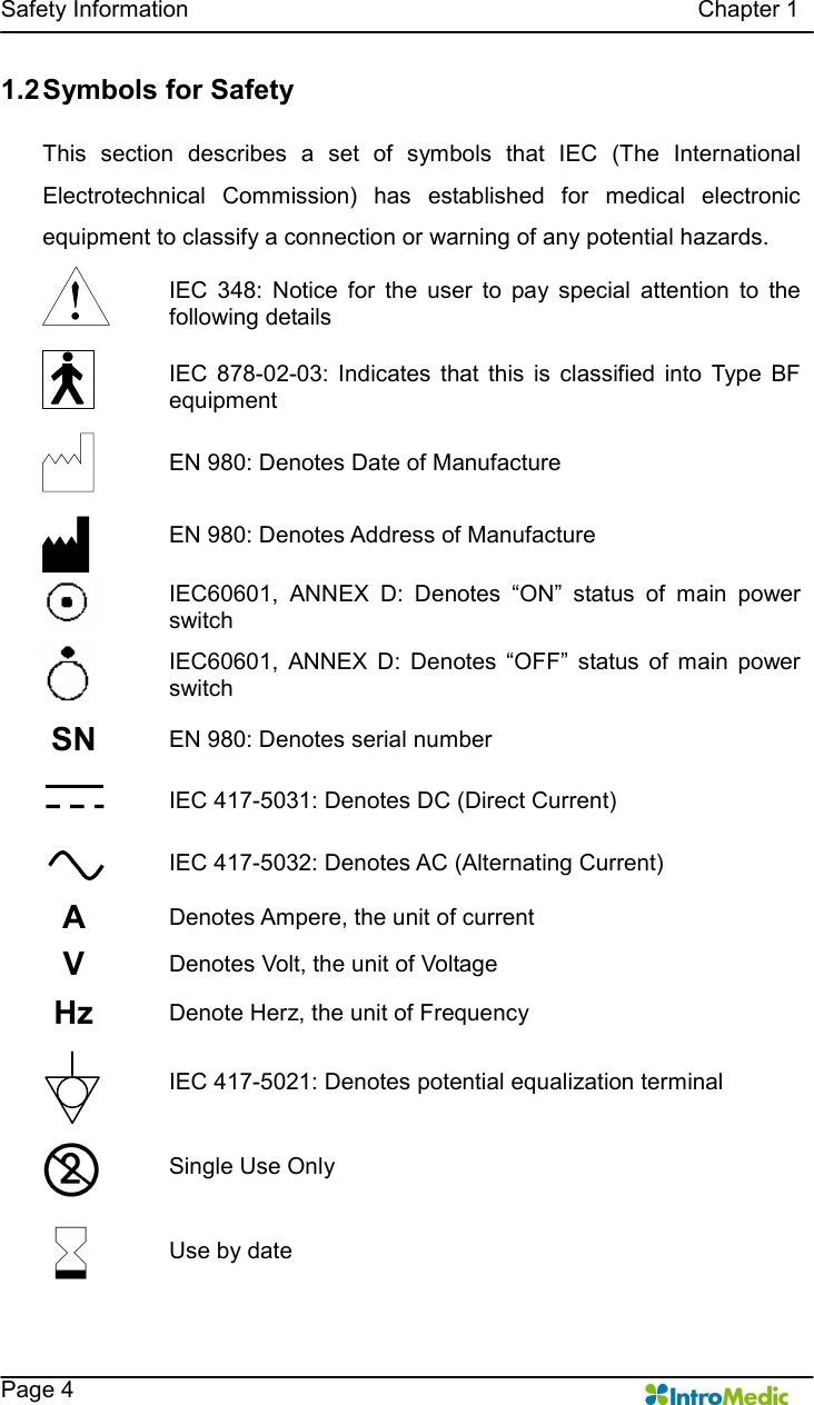   Safety Information                                                                                        Chapter 1    Page 4 1.2 Symbols for Safety  This  section  describes  a  set  of  symbols  that  IEC  (The  International Electrotechnical  Commission)  has  established  for  medical  electronic equipment to classify a connection or warning of any potential hazards.   IEC  348:  Notice  for  the  user  to  pay  special  attention  to  the following details  IEC  878-02-03:  Indicates  that  this  is  classified  into  Type  BF equipment   EN 980: Denotes Date of Manufacture  EN 980: Denotes Address of Manufacture  IEC60601,  ANNEX  D:  Denotes  “ON”  status  of  main  power switch  IEC60601,  ANNEX  D:  Denotes  “OFF”  status  of  main  power switch SN  EN 980: Denotes serial number  IEC 417-5031: Denotes DC (Direct Current)  IEC 417-5032: Denotes AC (Alternating Current) A  Denotes Ampere, the unit of current V  Denotes Volt, the unit of Voltage Hz  Denote Herz, the unit of Frequency  IEC 417-5021: Denotes potential equalization terminal  Single Use Only  Use by date 