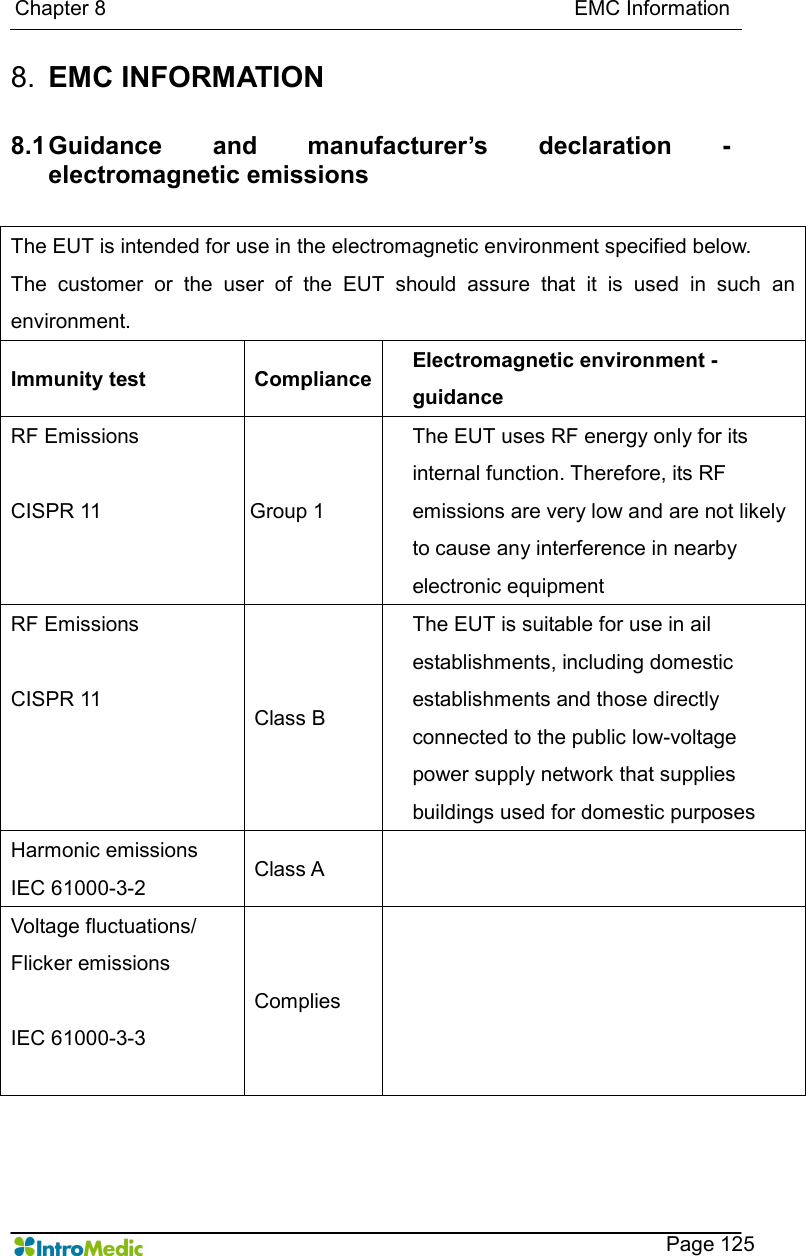   Chapter 8                                                                                          EMC Information      Page 125 8.  EMC INFORMATION  8.1 Guidance  and  manufacturer’s  declaration  - electromagnetic emissions  The EUT is intended for use in the electromagnetic environment specified below. The  customer  or  the  user  of  the  EUT  should  assure  that  it  is  used  in  such  an environment. Immunity test  Compliance  Electromagnetic environment -guidance RF Emissions  CISPR 11  Group 1 The EUT uses RF energy only for its internal function. Therefore, its RF emissions are very low and are not likely to cause any interference in nearby electronic equipment RF Emissions  CISPR 11  Class B The EUT is suitable for use in ail establishments, including domestic establishments and those directly connected to the public low-voltage power supply network that supplies buildings used for domestic purposes Harmonic emissions IEC 61000-3-2  Class A   Voltage fluctuations/ Flicker emissions  IEC 61000-3-3  Complies      