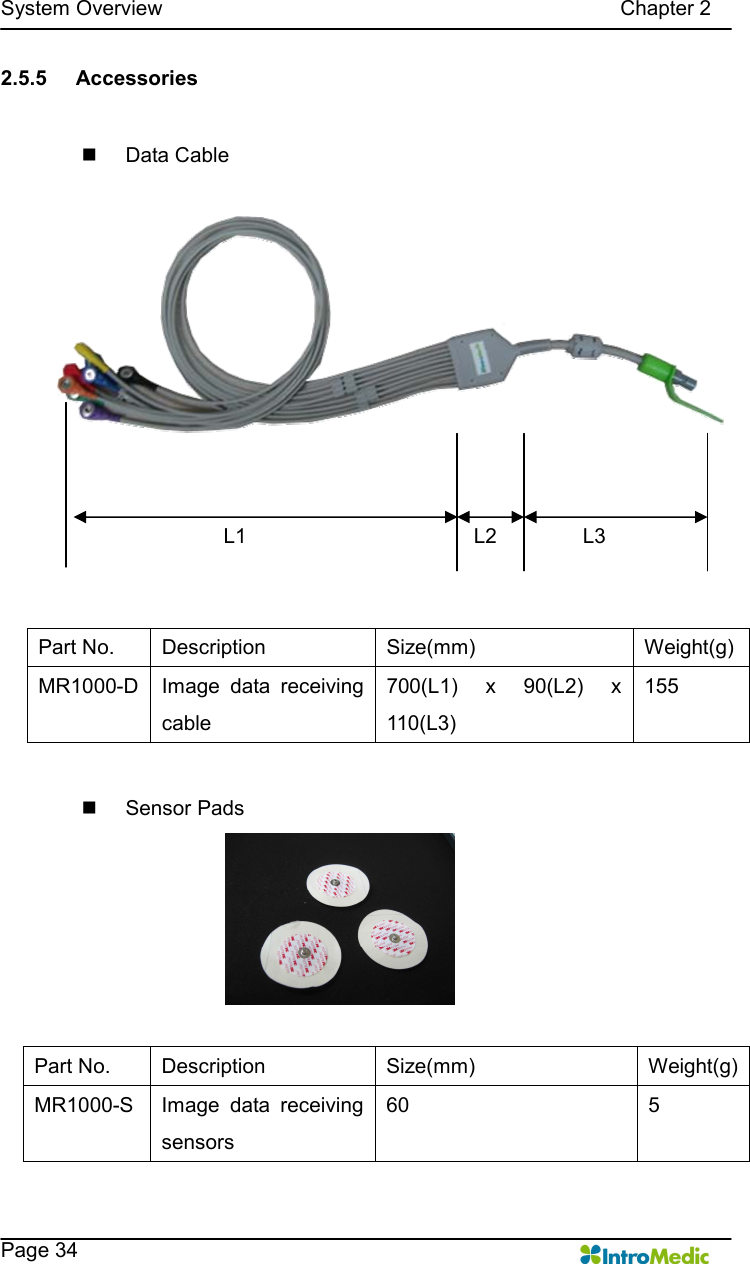   System Overview                                                                                        Chapter 2    Page 34 2.5.5  Accessories  n  Data Cable   n  Sensor Pads  Part No.  Description  Size(mm)  Weight(g) MR1000-D  Image  data  receiving cable 700(L1)  x  90(L2)  x 110(L3) 155 Part No.  Description  Size(mm)  Weight(g) MR1000-S  Image  data  receiving sensors 60  5 L1 L2 L3 