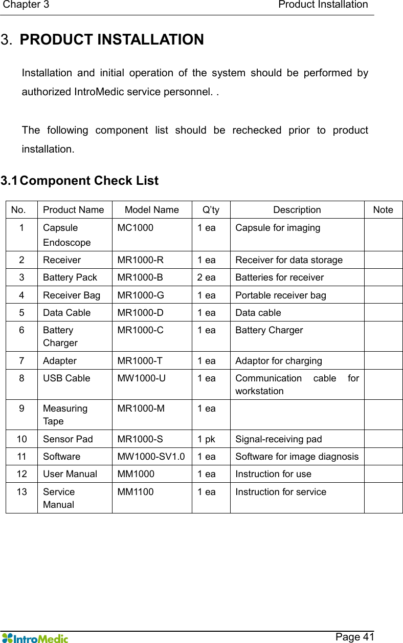   Chapter 3                                                                                      Product Installation    Page 41 3.  PRODUCT INSTALLATION    Installation  and  initial  operation  of  the  system  should  be  performed  by authorized IntroMedic service personnel. .  The  following  component  list  should  be  rechecked  prior  to  product installation.  3.1 Component Check List  No.  Product Name  Model Name  Q’ty  Description  Note 1  Capsule Endoscope MC1000  1 ea  Capsule for imaging   2  Receiver  MR1000-R  1 ea  Receiver for data storage   3  Battery Pack  MR1000-B  2 ea  Batteries for receiver   4  Receiver Bag  MR1000-G  1 ea  Portable receiver bag   5  Data Cable  MR1000-D  1 ea  Data cable   6  Battery Charger MR1000-C  1 ea  Battery Charger   7  Adapter    MR1000-T  1 ea  Adaptor for charging   8  USB Cable  MW1000-U  1 ea  Communication  cable  for workstation  9  Measuring Tape MR1000-M  1 ea     10  Sensor Pad  MR1000-S  1 pk  Signal-receiving pad   11  Software  MW1000-SV1.0  1 ea  Software for image diagnosis   12  User Manual  MM1000  1 ea  Instruction for use   13  Service Manual MM1100  1 ea  Instruction for service    