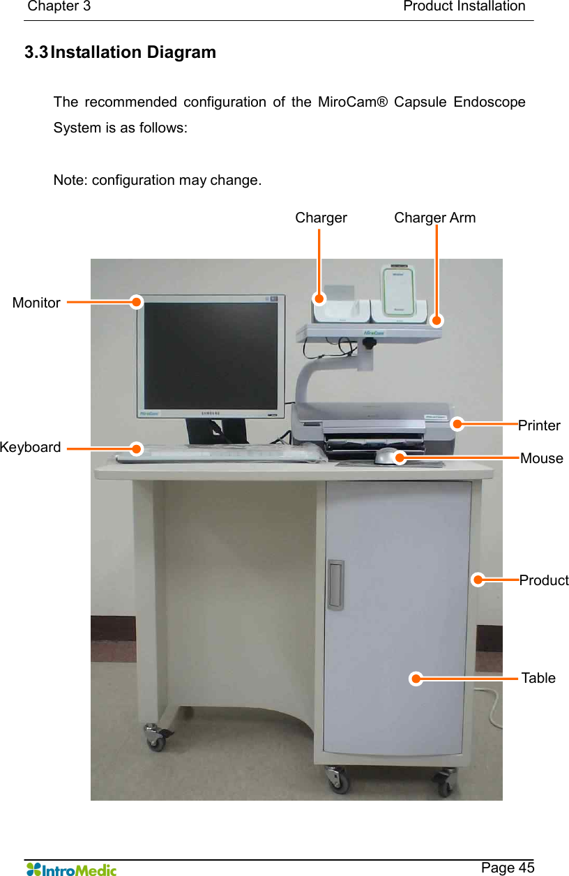   Chapter 3                                                                                      Product Installation    Page 45 3.3 Installation Diagram  The  recommended  configuration  of  the  MiroCam®  Capsule  Endoscope System is as follows:    Note: configuration may change.    Monitor Charger Charger Arm Printer Product Keyboard Mouse Table 