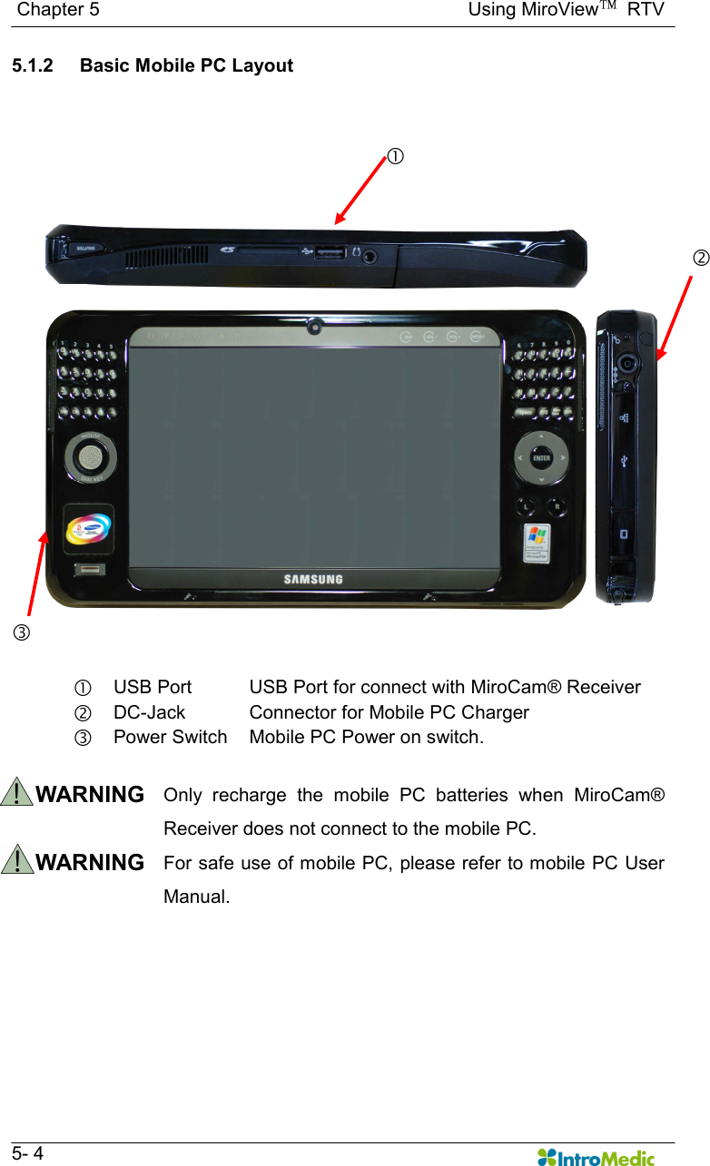   Chapter 5                                                                              Using MiroView™  RTV   5- 4 5.1.2  Basic Mobile PC Layout     USB Port  USB Port for connect with MiroCam® Receiver ‚ DC-Jack  Connector for Mobile PC Charger ƒ Power Switch  Mobile PC Power on switch.  WARNING  Only  recharge  the  mobile  PC  batteries  when  MiroCam® Receiver does not connect to the mobile PC.   WARNING  For safe use of mobile PC, please refer to mobile PC User Manual.   ƒ ‚ 