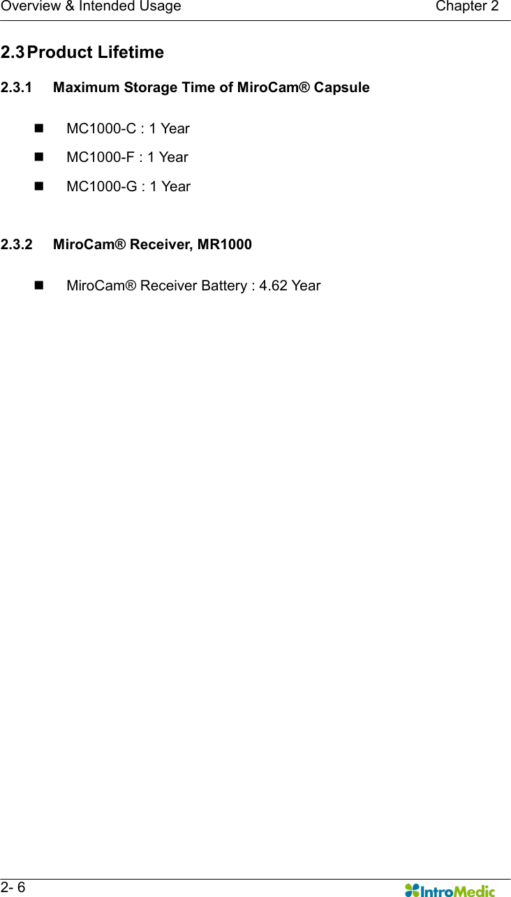   Overview &amp; Intended Usage                                                                      Chapter 2   2- 6 2.3 Product Lifetime  2.3.1  Maximum Storage Time of MiroCam® Capsule  n  MC1000-C : 1 Year n  MC1000-F : 1 Year n  MC1000-G : 1 Year   2.3.2  MiroCam® Receiver, MR1000    n  MiroCam® Receiver Battery : 4.62 Year  