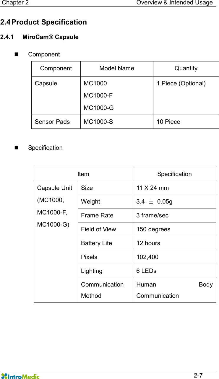   Chapter 2                                                                      Overview &amp; Intended Usage  2-7 2.4 Product Specification  2.4.1  MiroCam® Capsule  n  Component Component  Model Name  Quantity Capsule    MC1000 MC1000-F MC1000-G 1 Piece (Optional) Sensor Pads  MC1000-S  10 Piece  n  Specification  Item  Specification Size  11 X 24 mm Weight  3.4  ±  0.05g Frame Rate  3 frame/sec Field of View  150 degrees Battery Life  12 hours Pixels  102,400 Lighting  6 LEDs Capsule Unit (MC1000,   MC1000-F, MC1000-G) Communication Method Human  Body Communication   