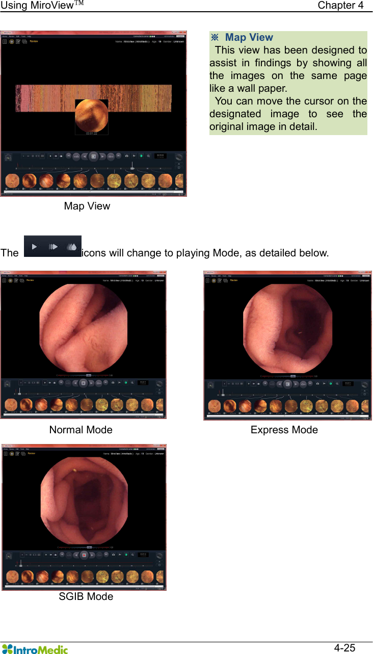   Using MiroView™                                            Chapter 4  4-25 Map View  The  icons will change to playing Mode, as detailed below. Normal Mode                  Express Mode SGIB Mode ※  Map View   This view has been designed to assist  in  findings  by  showing  all the  images  on  the  same  page like a wall paper.     You can move the cursor on the designated  image  to  see  the original image in detail. 