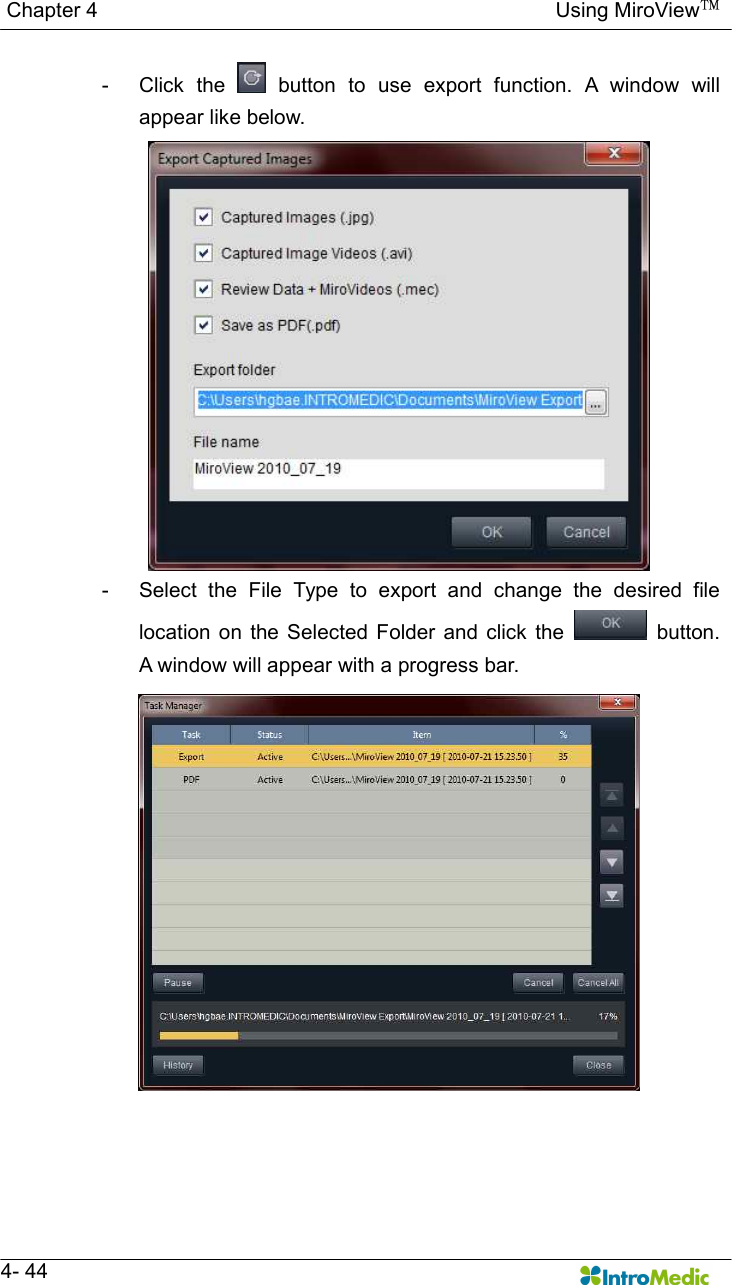   Chapter 4                                                                                        Using MiroView™   4- 44 -  Click  the    button  to  use  export  function.  A  window  will appear like below. -  Select  the  File  Type  to  export  and  change  the  desired  file location  on the  Selected  Folder  and  click  the    button. A window will appear with a progress bar. 