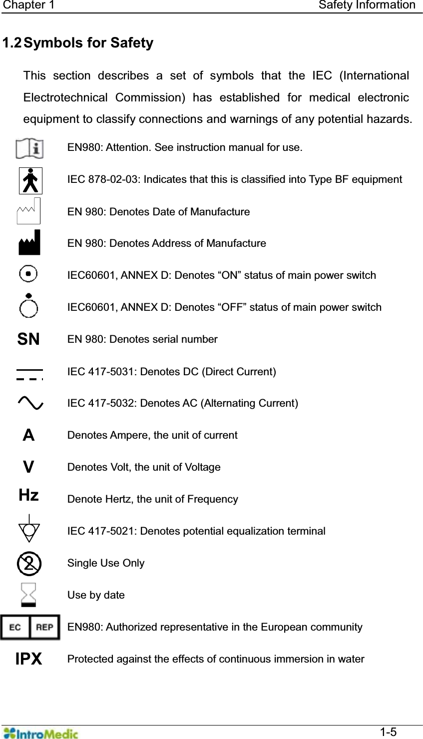   Chapter 1                                            Safety Information  1-5 1.2 Symbols for Safety  This section describes a set of symbols that the IEC (International Electrotechnical Commission) has established for medical electronic equipment to classify connections and warnings of any potential hazards. EN980: Attention. See instruction manual for use.  IEC 878-02-03: Indicates that this is classified into Type BF equipment  EN 980: Denotes Date of Manufacture  EN 980: Denotes Address of Manufacture  ,(&amp;$11(;&apos;&apos;HQRWHV³21´VWDWXVRIPDLQSRZHUVZLWFK  ,(&amp;$11(;&apos;&apos;HQRWHV³2))´VWDWXVRIPDLQSRZHUVZLWFK SN  EN 980: Denotes serial number  IEC 417-5031: Denotes DC (Direct Current)  IEC 417-5032: Denotes AC (Alternating Current) A  Denotes Ampere, the unit of current V  Denotes Volt, the unit of Voltage Hz  Denote Hertz, the unit of Frequency  IEC 417-5021: Denotes potential equalization terminal  Single Use Only  Use by date  EN980: Authorized representative in the European community IPX  Protected against the effects of continuous immersion in water 