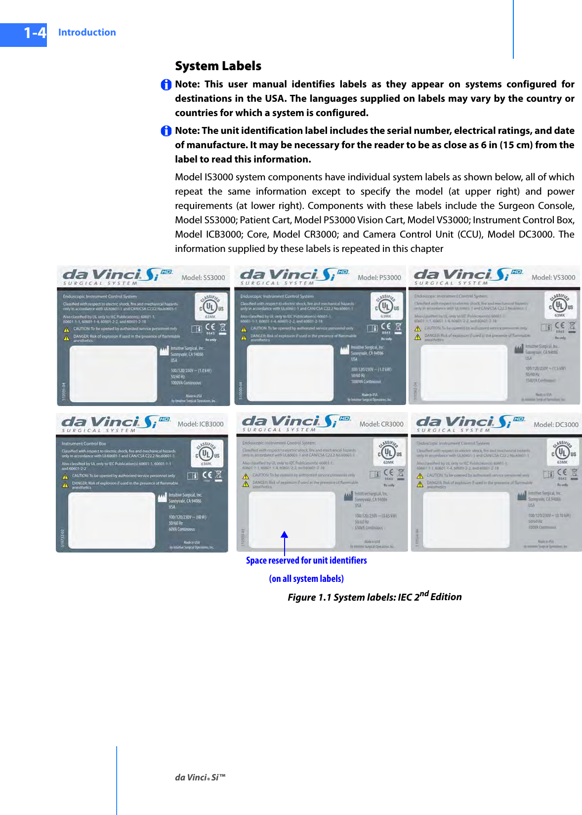 Introductionda Vinci® Si™1-4DRAFT/PRE-RELEASE/CONFIDENTIAL10/9/14System LabelsNote: This user manual identifies labels as they appear on systems configured for destinations in the USA. The languages supplied on labels may vary by the country or countries for which a system is configured.Note: The unit identification label includes the serial number, electrical ratings, and date of manufacture. It may be necessary for the reader to be as close as 6 in (15 cm) from the label to read this information.Model IS3000 system components have individual system labels as shown below, all of which repeat the same information except to specify the model (at upper right) and power requirements (at lower right). Components with these labels include the Surgeon Console, Model SS3000; Patient Cart, Model PS3000 Vision Cart, Model VS3000; Instrument Control Box, Model ICB3000; Core, Model CR3000; and Camera Control Unit (CCU), Model DC3000. The information supplied by these labels is repeated in this chapter Figure 1.1 System labels: IEC 2nd EditionSpace reserved for unit identifiers (on all system labels)