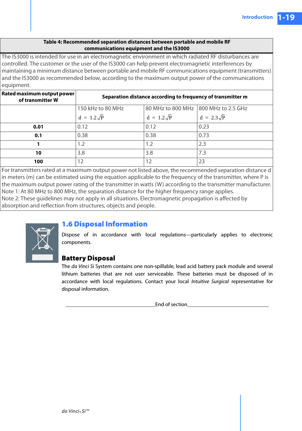 da Vinci® Si™Introduction 1-19DRAFT/PRE-RELEASE/CONFIDENTIAL 10/9/141.6 Disposal InformationDispose of in accordance with local regulations—particularly applies to electronic components.Battery DisposalThe da Vinci Si System contains one non-spillable, lead acid battery pack module and several lithium batteries that are not user serviceable. These batteries must be disposed of in accordance with local regulations. Contact your local Intuitive Surgical representative for disposal information. _________________________________End of section______________________________Table 4: Recommended separation distances between portable and mobile RFcommunications equipment and the IS3000 The IS3000 is intended for use in an electromagnetic environment in which radiated RF disturbances are controlled. The customer or the user of the IS3000 can help prevent electromagnetic interferences by maintaining a minimum distance between portable and mobile RF communications equipment (transmitters) and the IS3000 as recommended below, according to the maximum output power of the communications equipment. Rated maximum output power of transmitter W  Separation distance according to frequency of transmitter m 150 kHz to 80 MHz  80 MHz to 800 MHz  800 MHz to 2.5 GHz  0.01  0.12  0.12  0.23 0.1  0.38  0.38  0.73 1  1.2  1.2  2.3 10  3.8  3.8  7.3 100  12  12  23 For transmitters rated at a maximum output power not listed above, the recommended separation distance d in meters (m) can be estimated using the equation applicable to the frequency of the transmitter, where P is the maximum output power rating of the transmitter in watts (W) according to the transmitter manufacturer. Note 1: At 80 MHz to 800 MHz, the separation distance for the higher frequency range applies. Note 2: These guidelines may not apply in all situations. Electromagnetic propagation is affected by absorption and reflection from structures, objects and people. d1.2P=d1.2P=d2.3P=