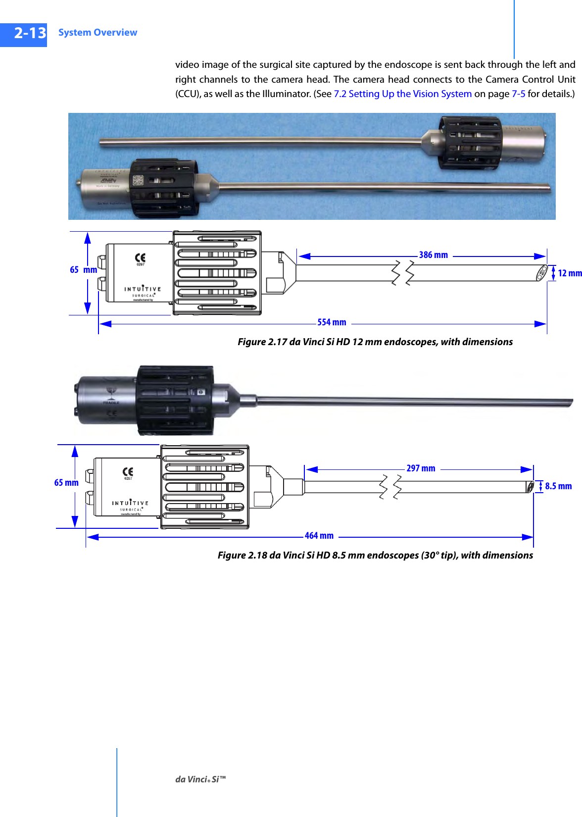 System Overviewda Vinci® Si™2-13DRAFT/PRE-RELEASE/CONFIDENTIAL10/9/14video image of the surgical site captured by the endoscope is sent back through the left and right channels to the camera head. The camera head connects to the Camera Control Unit (CCU), as well as the Illuminator. (See 7.2 Setting Up the Vision System on page 7-5 for details.)Figure 2.17 da Vinci Si HD 12 mm endoscopes, with dimensionsFigure 2.18 da Vinci Si HD 8.5 mm endoscopes (30° tip), with dimensions12 mm 554 mm 386 mm 65 mm 8.5 mm 464 mm 297 mm 65 mm