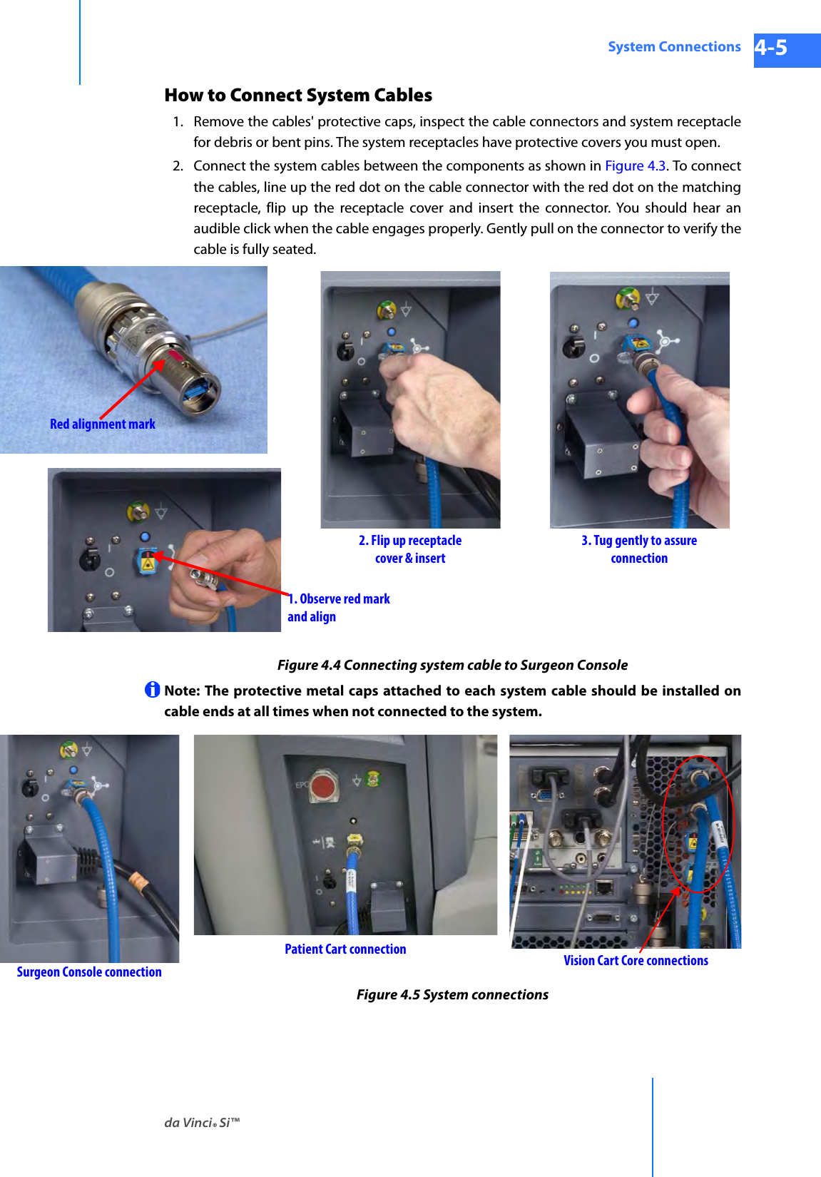 da Vinci® Si™System Connections 4-5DRAFT/PRE-RELEASE/CONFIDENTIAL 10/9/14How to Connect System Cables1. Remove the cables&apos; protective caps, inspect the cable connectors and system receptacle for debris or bent pins. The system receptacles have protective covers you must open.2. Connect the system cables between the components as shown in Figure 4.3. To connect the cables, line up the red dot on the cable connector with the red dot on the matching receptacle, flip up the receptacle cover and insert the connector. You should hear an audible click when the cable engages properly. Gently pull on the connector to verify the cable is fully seated. Figure 4.4 Connecting system cable to Surgeon ConsoleNote: The protective metal caps attached to each system cable should be installed on cable ends at all times when not connected to the system.Figure 4.5 System connectionsRed alignment mark1. Observe red mark and align2. Flip up receptacle cover &amp; insert3. Tug gently to assure connectionPatient Cart connection Vision Cart Core connectionsSurgeon Console connection