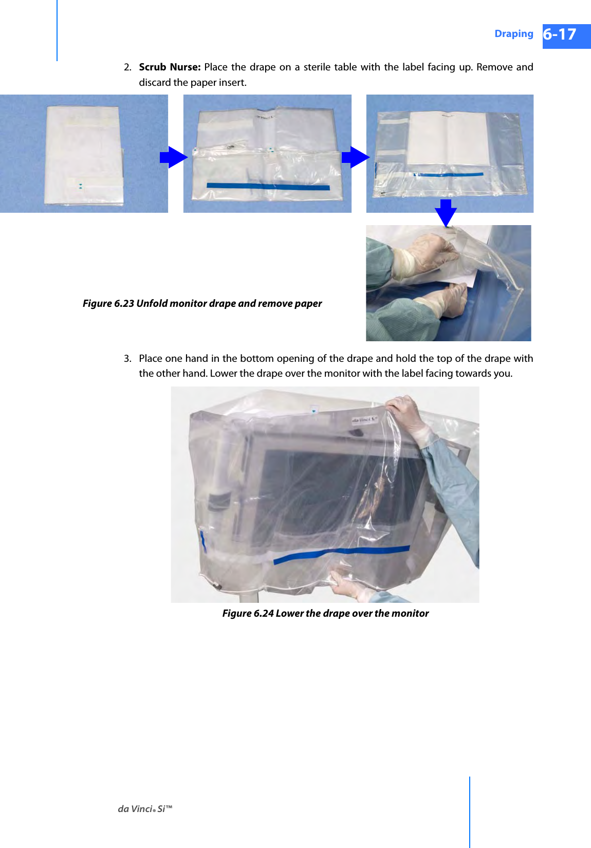 da Vinci® Si™Draping 6-17DRAFT/PRE-RELEASE/CONFIDENTIAL 10/9/142. Scrub Nurse: Place the drape on a sterile table with the label facing up. Remove and discard the paper insert.3. Place one hand in the bottom opening of the drape and hold the top of the drape with the other hand. Lower the drape over the monitor with the label facing towards you.Figure 6.24 Lower the drape over the monitorFigure 6.23 Unfold monitor drape and remove paper