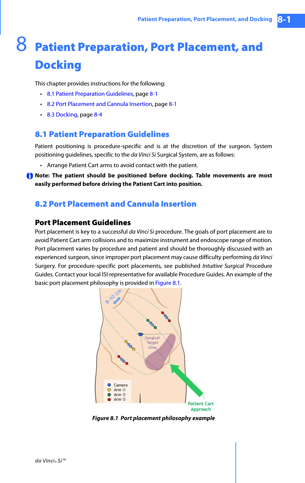 da Vinci® Si™Patient Preparation, Port Placement, and Docking 8-1DRAFT/PRE-RELEASE/CONFIDENTIAL 10/9/148Patient Preparation, Port Placement, and DockingThis chapter provides instructions for the following: •8.1 Patient Preparation Guidelines, page 8-1 •8.2 Port Placement and Cannula Insertion, page 8-1•8.3 Docking, page 8-48.1 Patient Preparation GuidelinesPatient positioning is procedure-specific and is at the discretion of the surgeon. System positioning guidelines, specific to the da Vinci Si Surgical System, are as follows: • Arrange Patient Cart arms to avoid contact with the patient. Note: The patient should be positioned before docking. Table movements are most easily performed before driving the Patient Cart into position. 8.2 Port Placement and Cannula InsertionPort Placement GuidelinesPort placement is key to a successful da Vinci Si procedure. The goals of port placement are to avoid Patient Cart arm collisions and to maximize instrument and endoscope range of motion. Port placement varies by procedure and patient and should be thoroughly discussed with an experienced surgeon, since improper port placement may cause difficulty performing da Vinci Surgery. For procedure-specific port placements, see published Intuitive Surgical Procedure Guides. Contact your local ISI representative for available Procedure Guides. An example of the basic port placement philosophy is provided in Figure 8.1.Figure 8.1  Port placement philosophy example