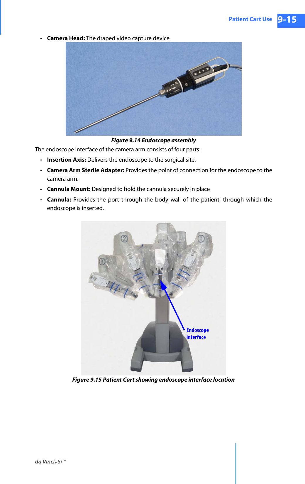 da Vinci® Si™Patient Cart Use 9-15DRAFT/PRE-RELEASE/CONFIDENTIAL 10/9/14•Camera Head: The draped video capture deviceFigure 9.14 Endoscope assemblyThe endoscope interface of the camera arm consists of four parts: •Insertion Axis: Delivers the endoscope to the surgical site.•Camera Arm Sterile Adapter: Provides the point of connection for the endoscope to the camera arm.•Cannula Mount: Designed to hold the cannula securely in place•Cannula: Provides the port through the body wall of the patient, through which the endoscope is inserted.Figure 9.15 Patient Cart showing endoscope interface locationEndoscopeinterface