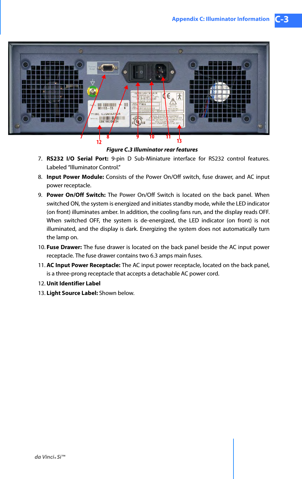 da Vinci® Si™Appendix C: Illuminator Information C-3DRAFT/PRE-RELEASE/CONFIDENTIAL 10/9/14Figure C.3 Illuminator rear features7. RS232 I/O Serial Port: 9-pin D Sub-Miniature interface for RS232 control features. Labeled “Illuminator Control.”8. Input Power Module: Consists of the Power On/Off switch, fuse drawer, and AC input power receptacle.9. Power On/Off Switch: The Power On/Off Switch is located on the back panel. When switched ON, the system is energized and initiates standby mode, while the LED indicator (on front) illuminates amber. In addition, the cooling fans run, and the display reads OFF. When switched OFF, the system is de-energized, the LED indicator (on front) is not illuminated, and the display is dark. Energizing the system does not automatically turn the lamp on.10. Fuse Drawer: The fuse drawer is located on the back panel beside the AC input power receptacle. The fuse drawer contains two 6.3 amps main fuses.11. AC Input Power Receptacle: The AC input power receptacle, located on the back panel, is a three-prong receptacle that accepts a detachable AC power cord.12. Unit Identifier Label 13. Light Source Label: Shown below.78 910111312