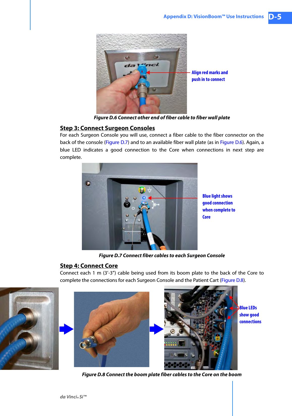 da Vinci® Si™Appendix D: VisionBoom™ Use Instructions D-5DRAFT/PRE-RELEASE/CONFIDENTIAL 10/9/14Figure D.6 Connect other end of fiber cable to fiber wall plateStep 3: Connect Surgeon ConsolesFor each Surgeon Console you will use, connect a fiber cable to the fiber connector on the back of the console (Figure D.7) and to an available fiber wall plate (as in Figure D.6). Again, a blue LED indicates a good connection to the Core when connections in next step are complete.Figure D.7 Connect fiber cables to each Surgeon ConsoleStep 4: Connect CoreConnect each 1 m (3’-3”) cable being used from its boom plate to the back of the Core to complete the connections for each Surgeon Console and the Patient Cart (Figure D.8).Figure D.8 Connect the boom plate fiber cables to the Core on the boomAlign red marks and push in to connectBlue light showsgood connectionwhen complete toCoreBlue LEDsshow goodconnections