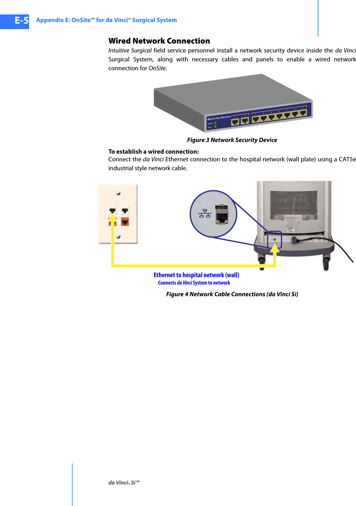 Appendix E: OnSite™ for da Vinci® Surgical Systemda Vinci® Si™E-5DRAFT/PRE-RELEASE/CONFIDENTIAL10/9/14Wired Network ConnectionIntuitive Surgical field service personnel install a network security device inside the da Vinci Surgical System, along with necessary cables and panels to enable a wired network connection for OnSite.Figure 3 Network Security DeviceTo establish a wired connection:Connect the da Vinci Ethernet connection to the hospital network (wall plate) using a CAT5e industrial style network cable. Figure 4 Network Cable Connections (da Vinci Si)Ethernet to hospital network (wall)Connects da Vinci System to network