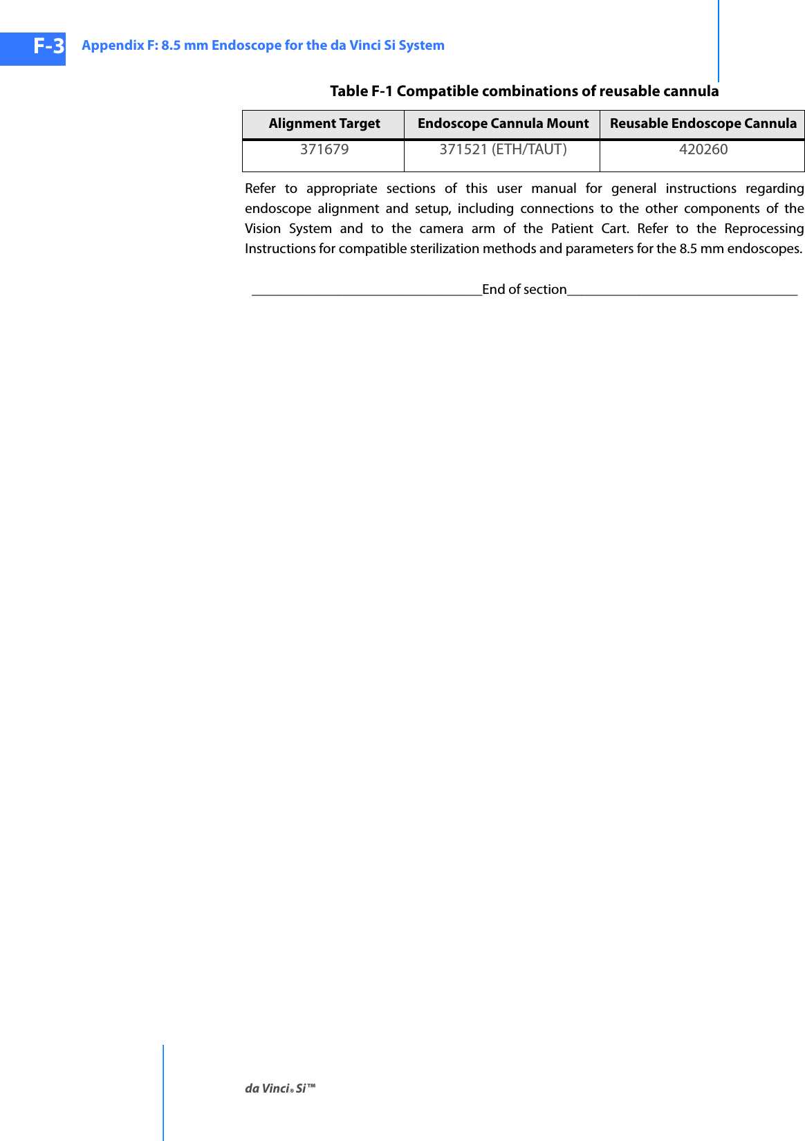 Appendix F: 8.5 mm Endoscope for the da Vinci Si Systemda Vinci® Si™F-3DRAFT/PRE-RELEASE/CONFIDENTIAL10/9/14Table F-1 Compatible combinations of reusable cannulaRefer to appropriate sections of this user manual for general instructions regarding endoscope alignment and setup, including connections to the other components of the Vision System and to the camera arm of the Patient Cart. Refer to the Reprocessing Instructions for compatible sterilization methods and parameters for the 8.5 mm endoscopes.________________________________End of section________________________________Alignment Target Endoscope Cannula Mount Reusable Endoscope Cannula371679 371521 (ETH/TAUT) 420260