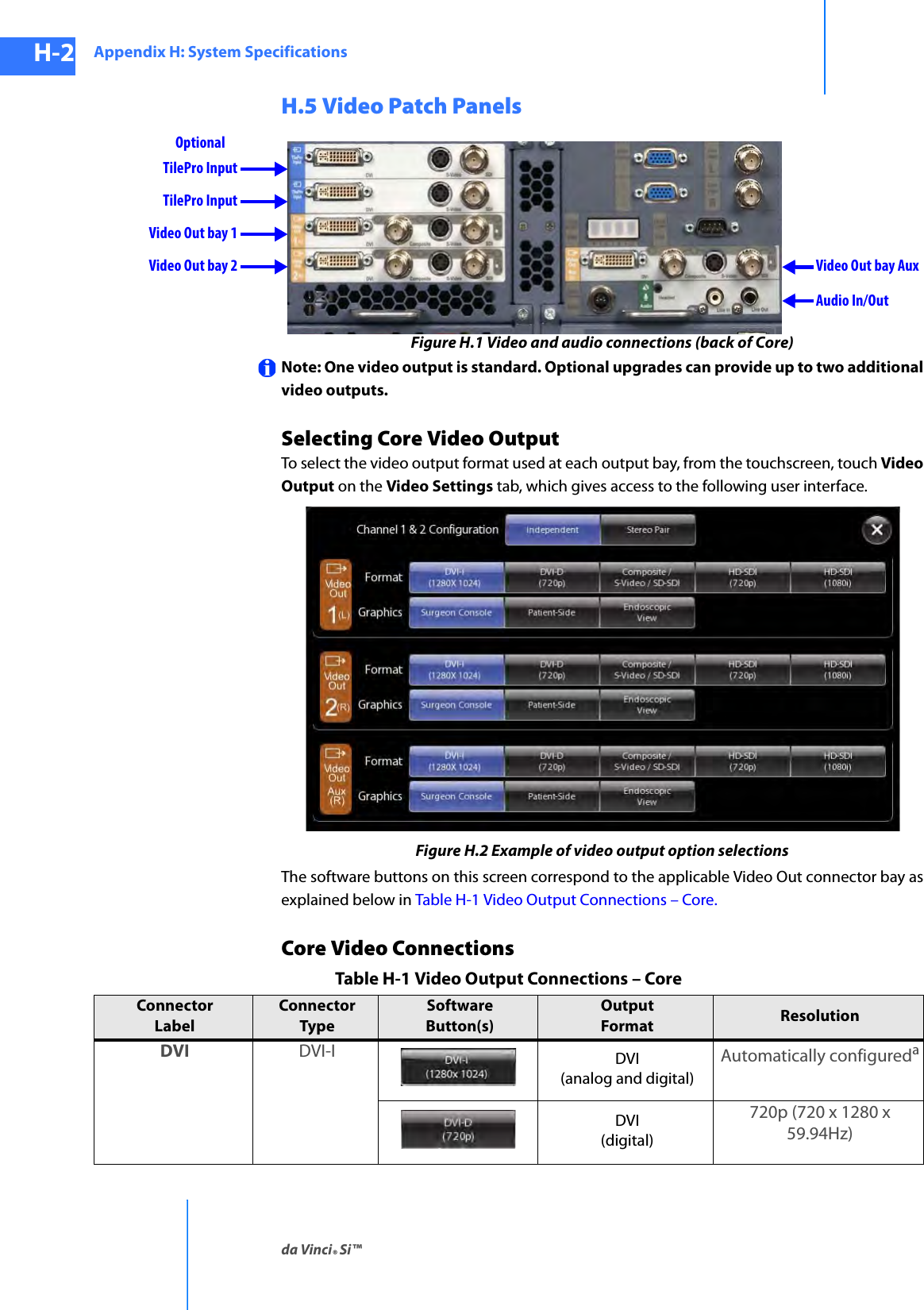 Appendix H: System Specificationsda Vinci® Si™H-2DRAFT/PRE-RELEASE/CONFIDENTIAL10/9/14H.5 Video Patch PanelsFigure H.1 Video and audio connections (back of Core)Note: One video output is standard. Optional upgrades can provide up to two additional video outputs.Selecting Core Video OutputTo select the video output format used at each output bay, from the touchscreen, touch Video Output on the Video Settings tab, which gives access to the following user interface. Figure H.2 Example of video output option selectionsThe software buttons on this screen correspond to the applicable Video Out connector bay as explained below in Table H-1 Video Output Connections – Core.Core Video ConnectionsTilePro InputVideo Out bay 1 Video Out bay 2 Video Out bay AuxAudio In/OutTilePro InputOptionalTable H-1 Video Output Connections – CoreConnector LabelConnector Type Software Button(s)Output Format ResolutionDVI DVI-I DVI(analog and digital)Automatically configuredaDVI(digital)720p (720 x 1280 x 59.94Hz)