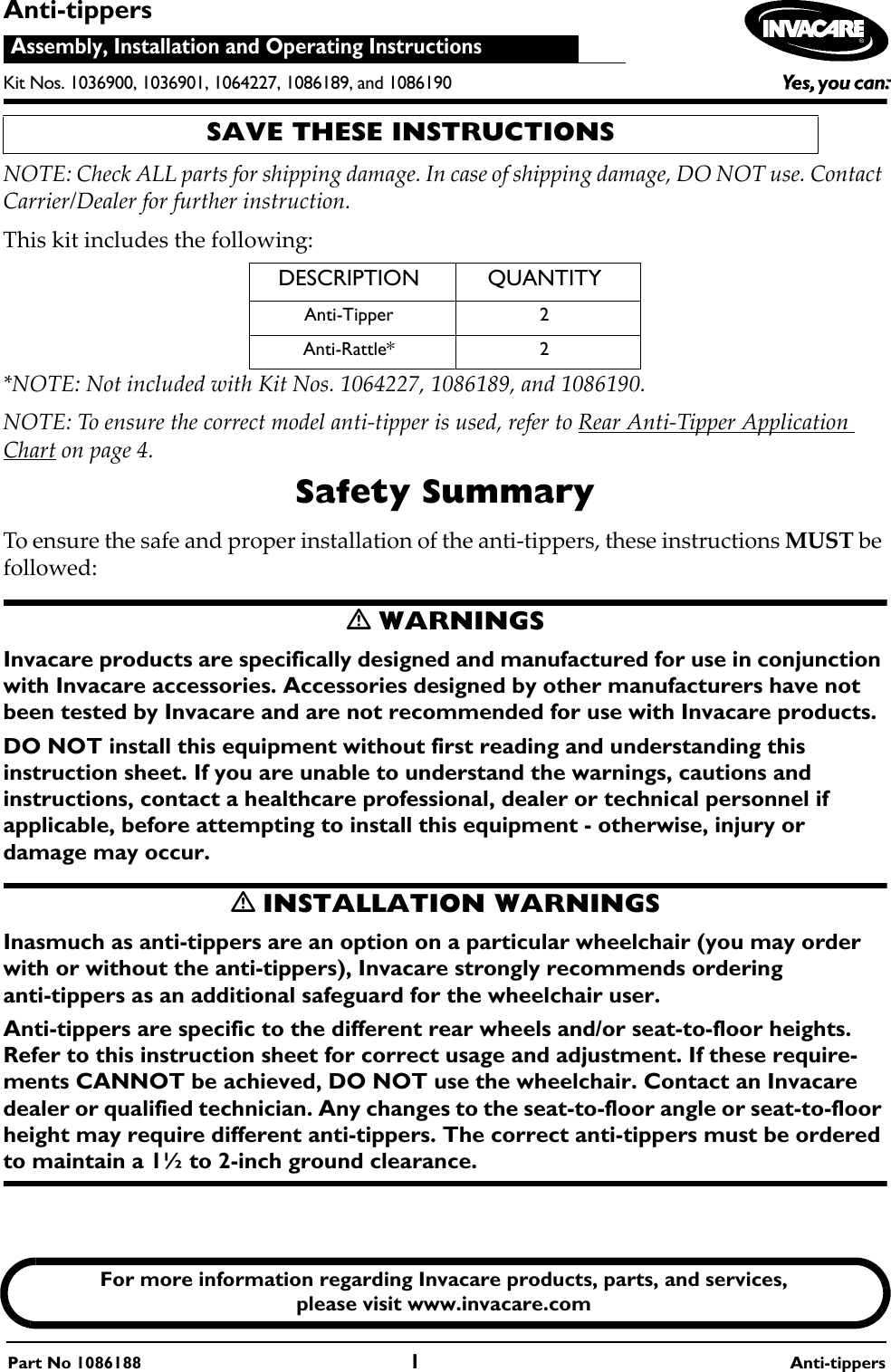 Page 1 of 12 - Invacare Invacare-1036900-Users-Manual- 1086188C  Invacare-1036900-users-manual