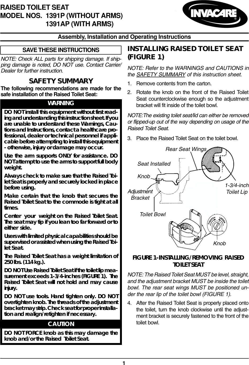 Page 1 of 8 - Invacare Invacare-1391Ap-Users-Manual- 1087195 Invacare-1391ap-users-manual